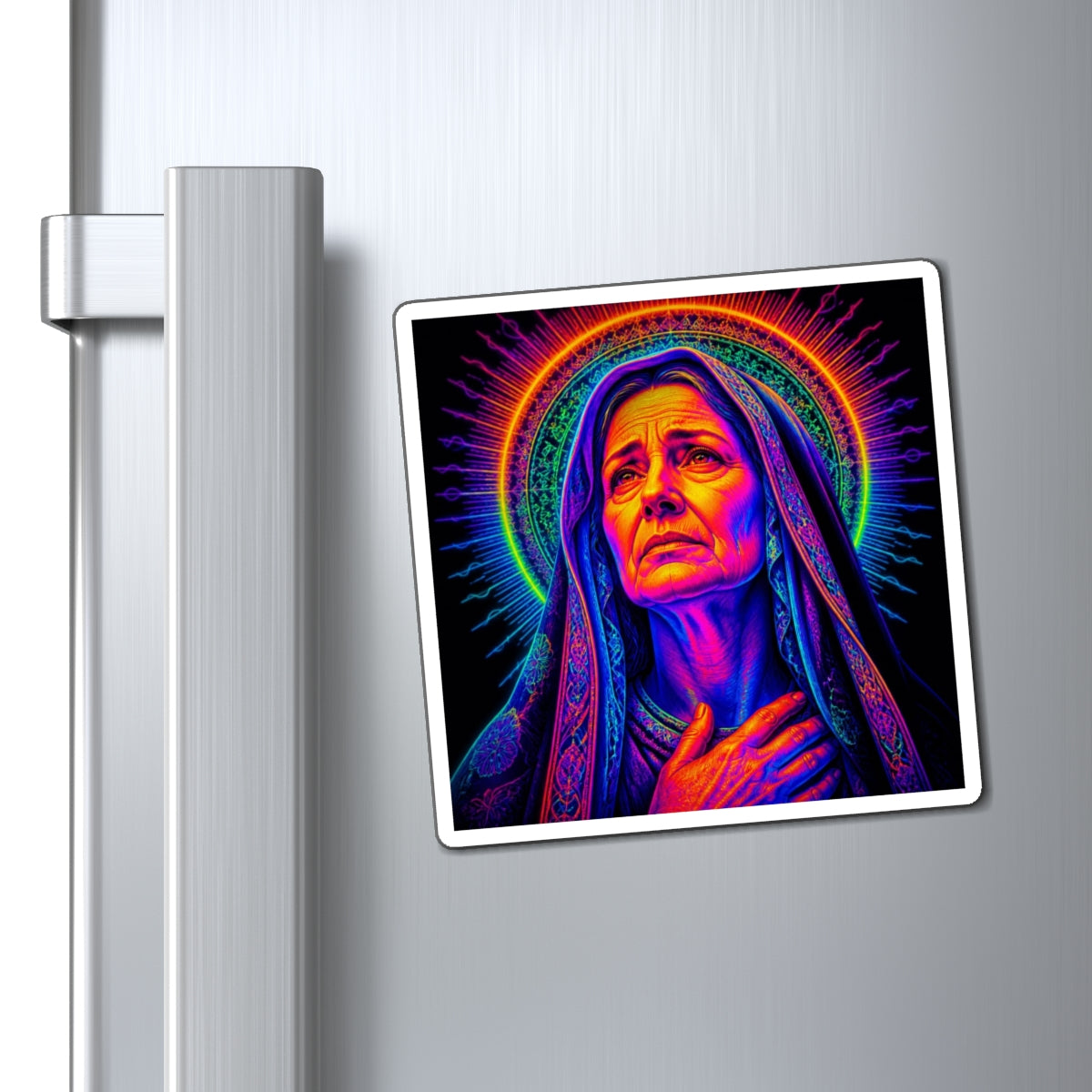 Psychedelic Madonna Magnet — Neon Religious Art Refrigerator Sticker