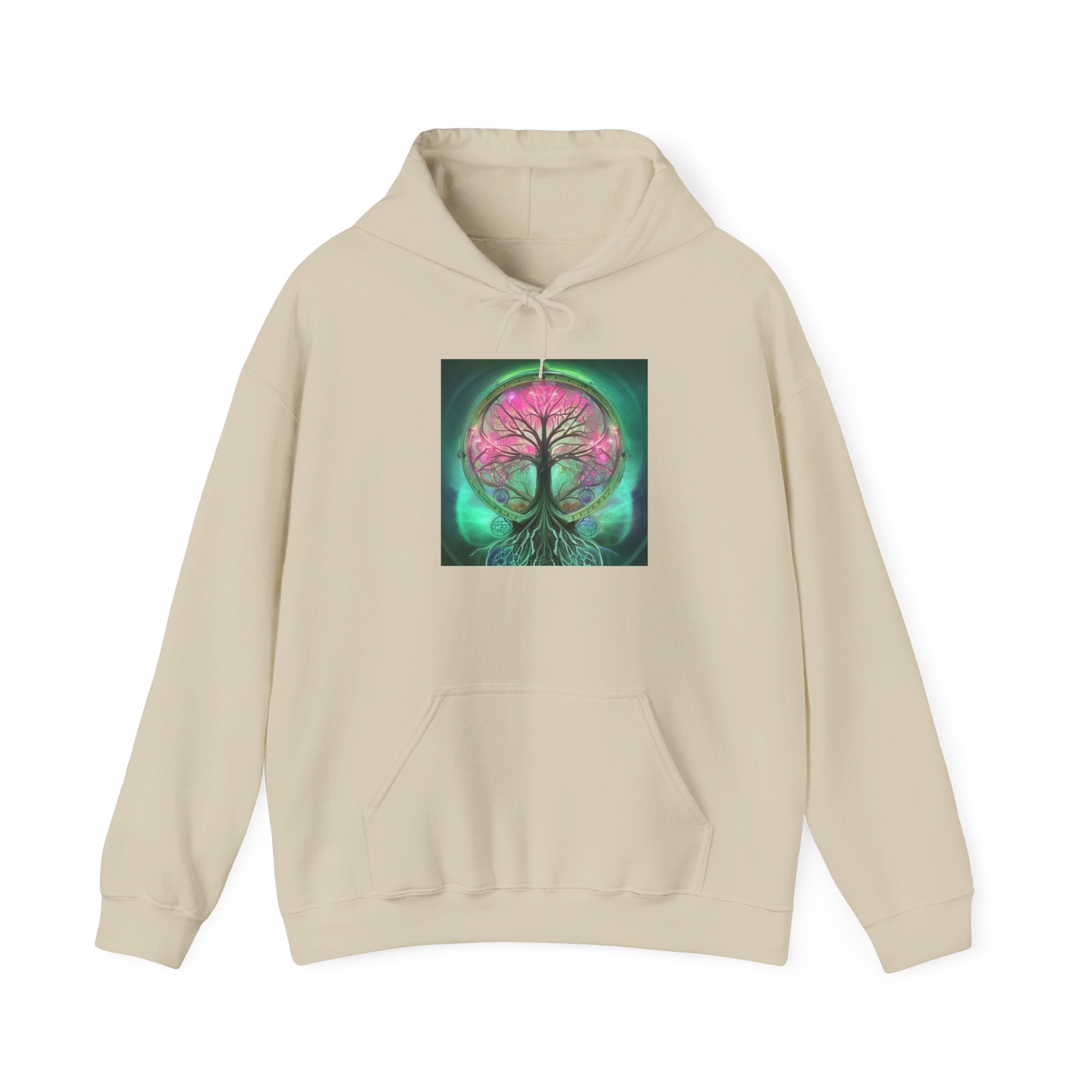 Tree of Life Hoodie — Vibrant Pink & Teal Spiritual Graphic Hooded Sweatshirt