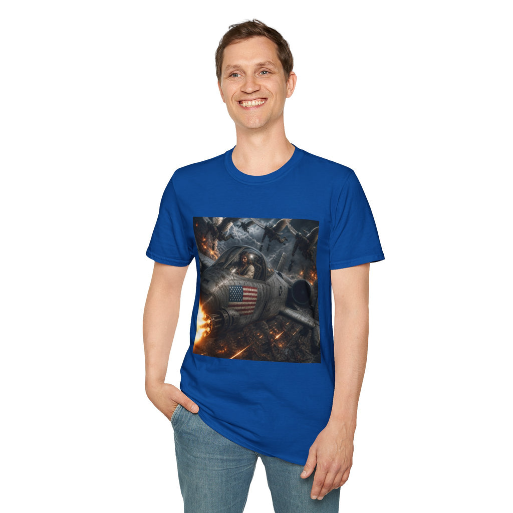 Jesus Military Pilot T‑Shirt — Vintage Jetfighter Scene with American Flag