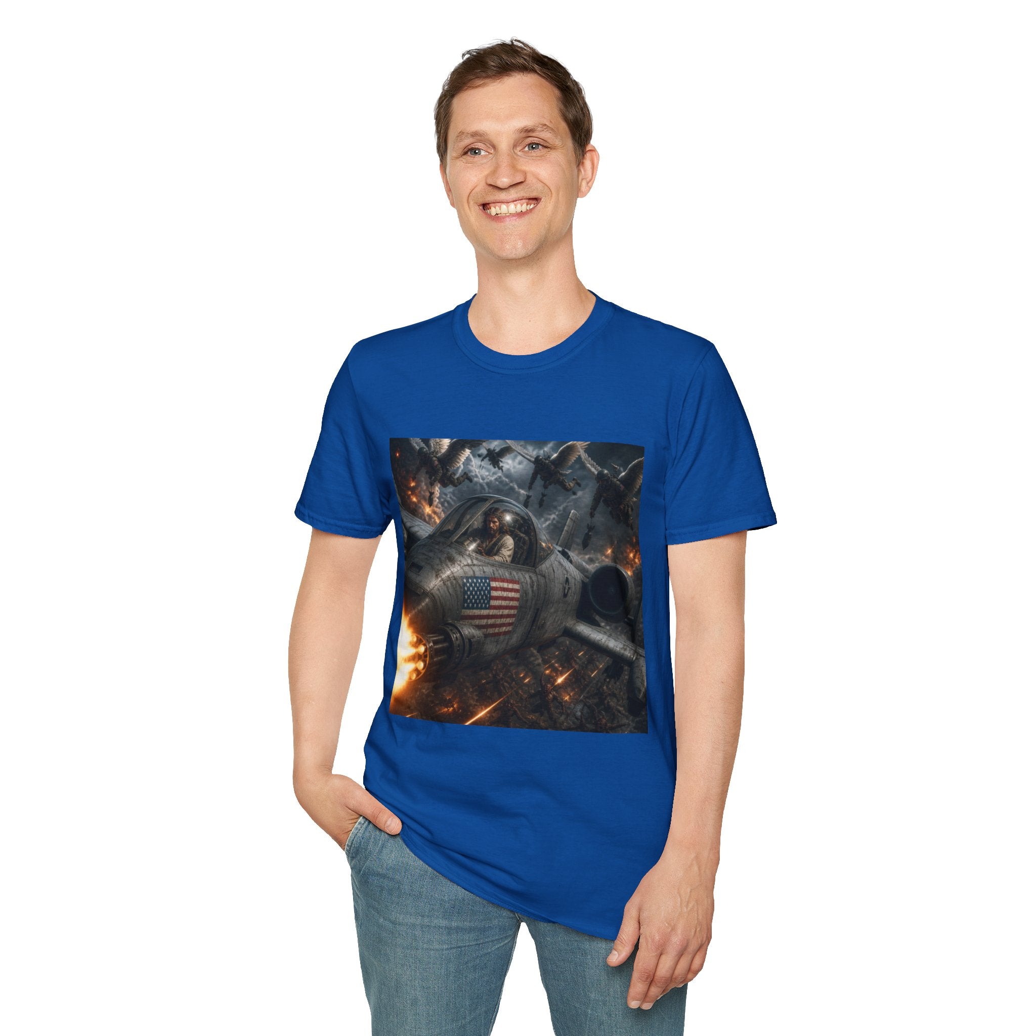 Jesus Military Pilot T‑Shirt — Vintage Jetfighter Scene with American Flag