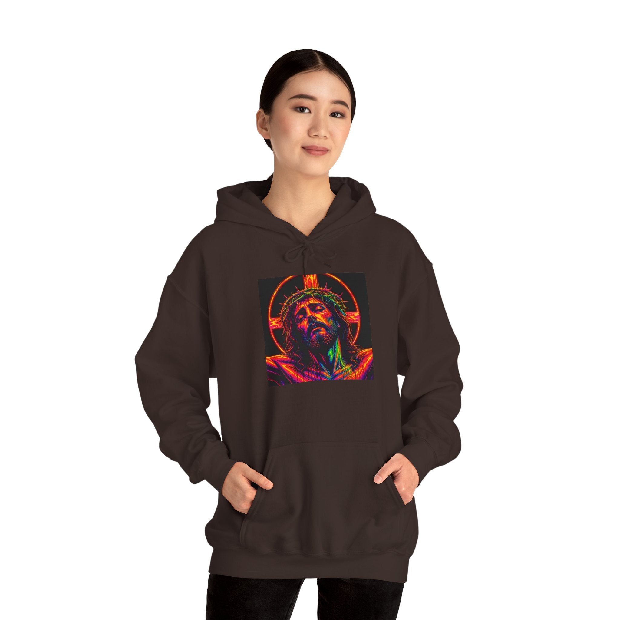 Jesus Portrait Hoodie — Neon Sacred Heart Graphic Hooded Sweatshirt