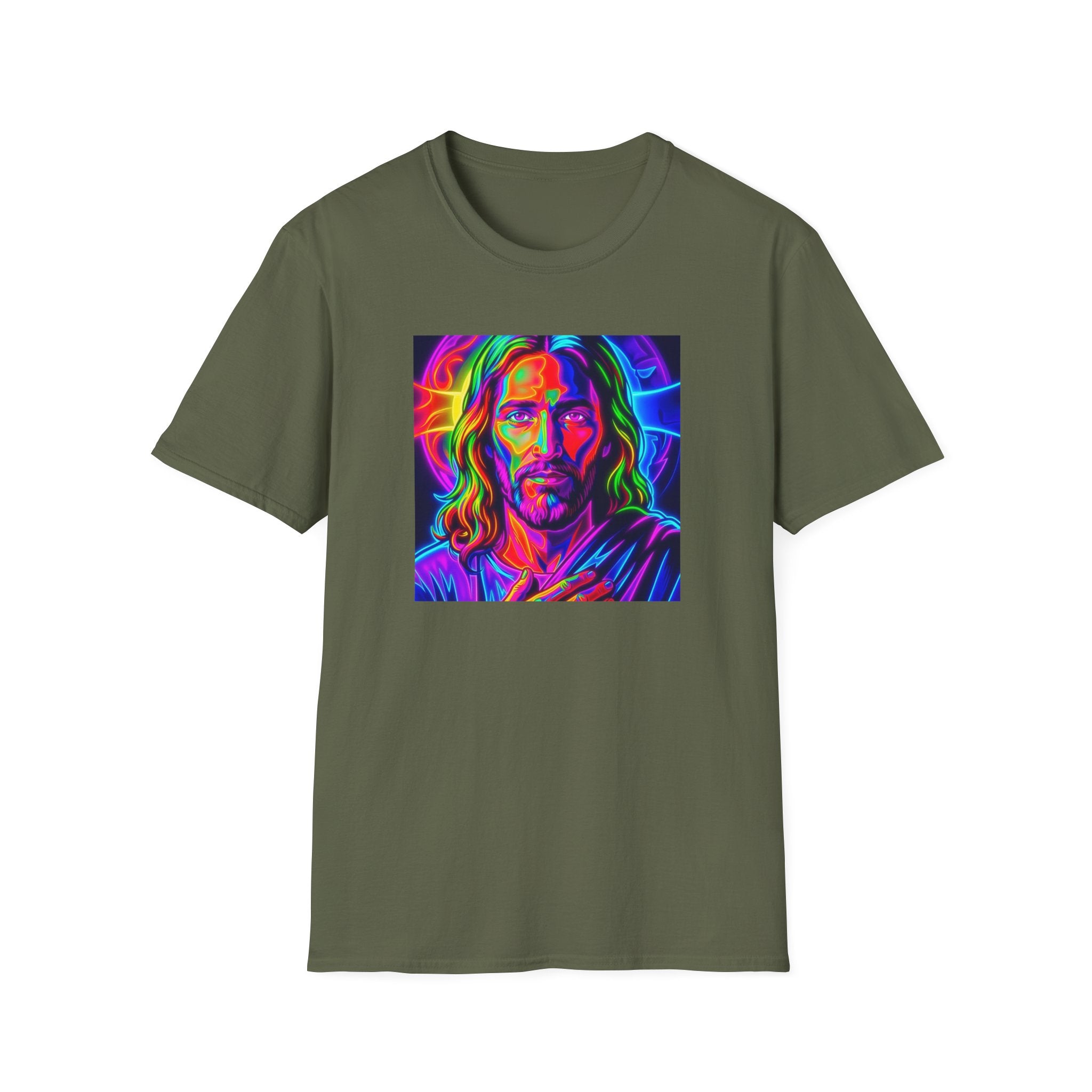 Jesus Portrait T-Shirt — Vibrant Neon Christian Art Tee