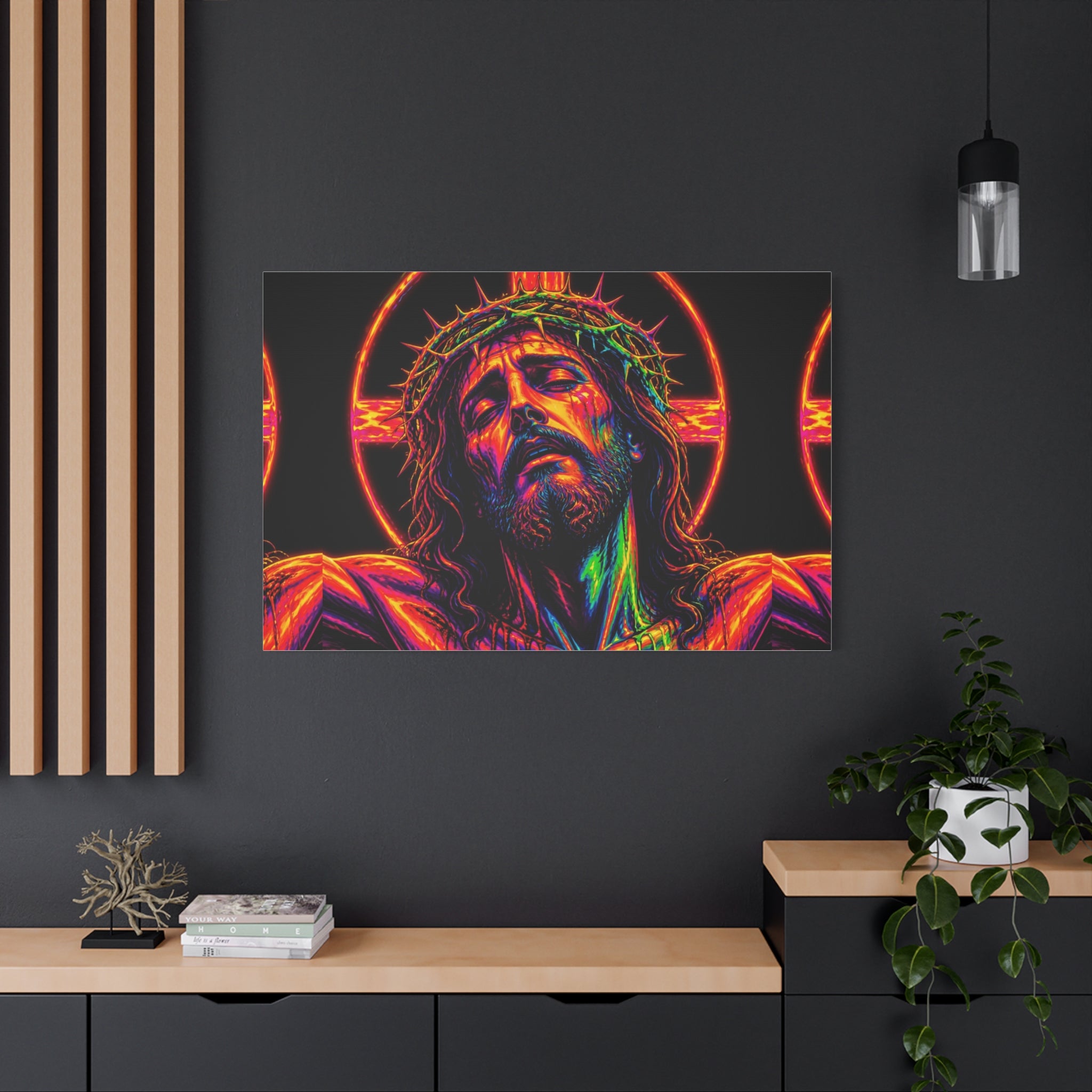 Neon Christ Crucifix Canvas Print — Vibrant Religious Wall Art
