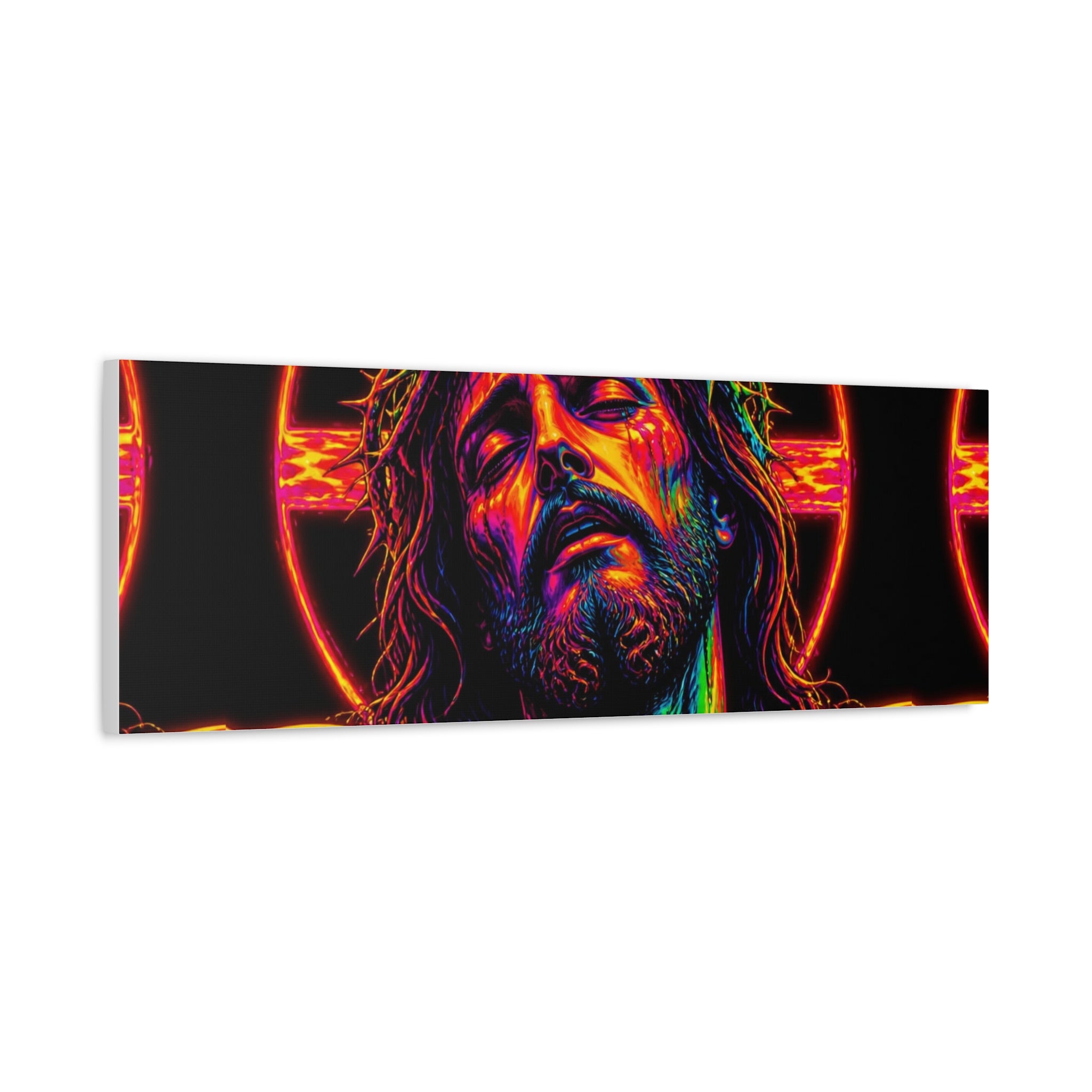 Neon Christ Crucifix Canvas Print — Vibrant Religious Wall Art