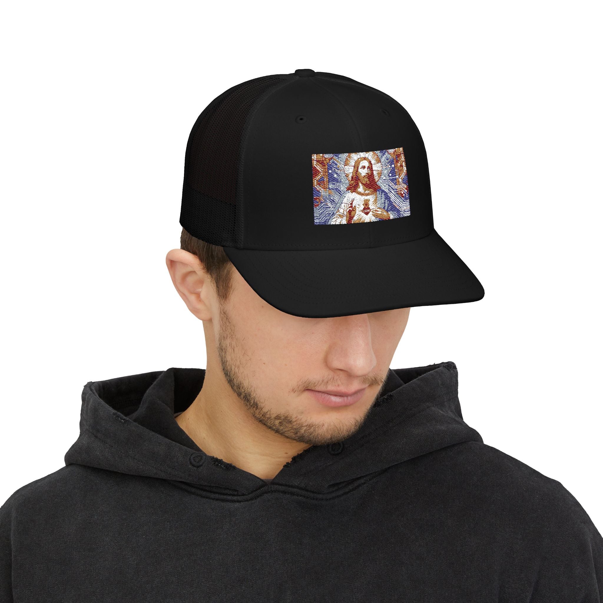 Religious Trucker Cap — Mosaic Sacred Heart Patch Snapback