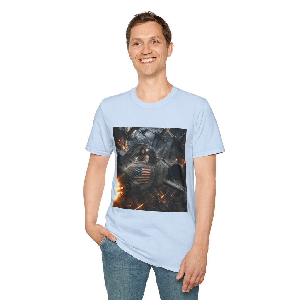 Jesus Military Pilot T‑Shirt — Vintage Jetfighter Scene with American Flag