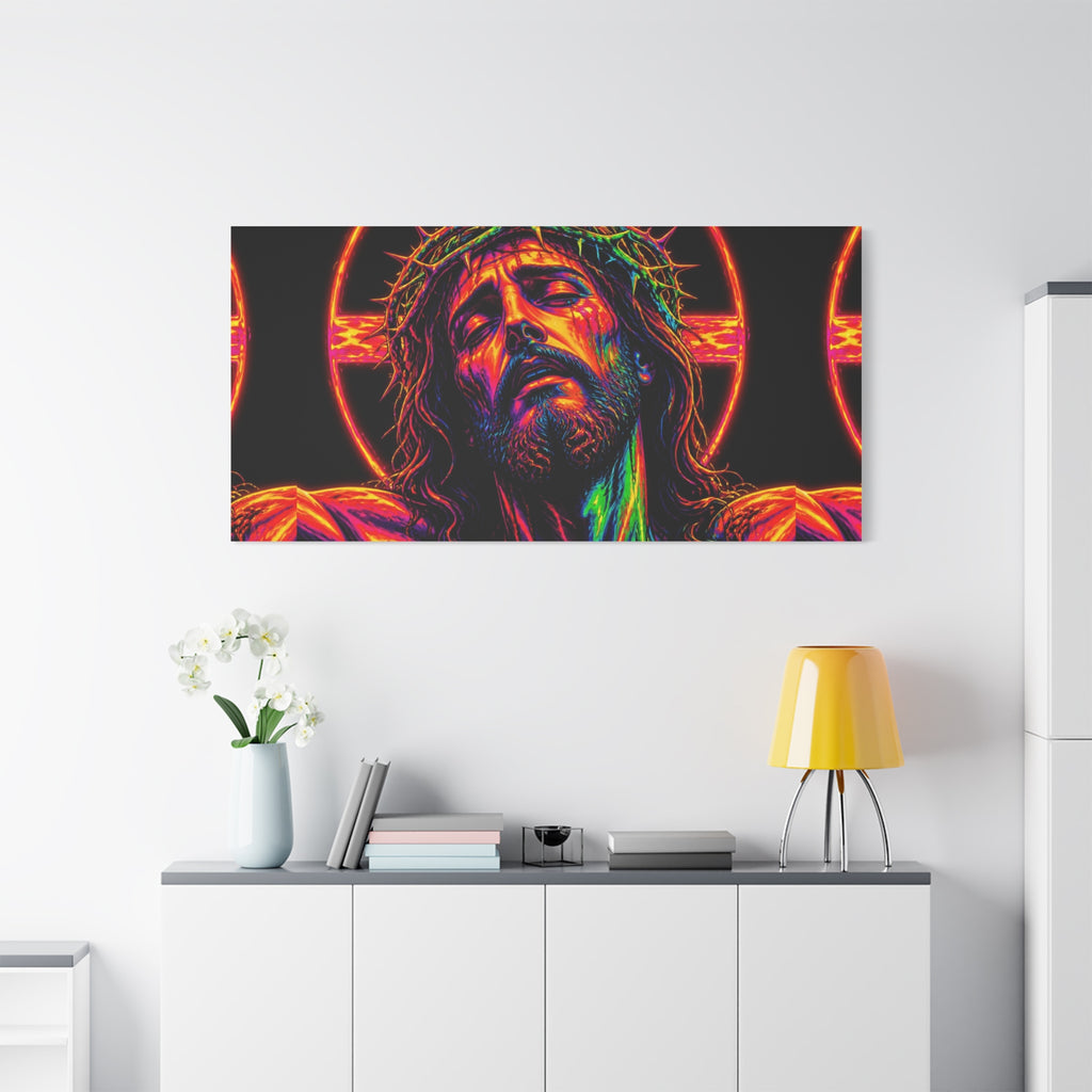 Neon Christ Crucifix Canvas Print — Vibrant Religious Wall Art