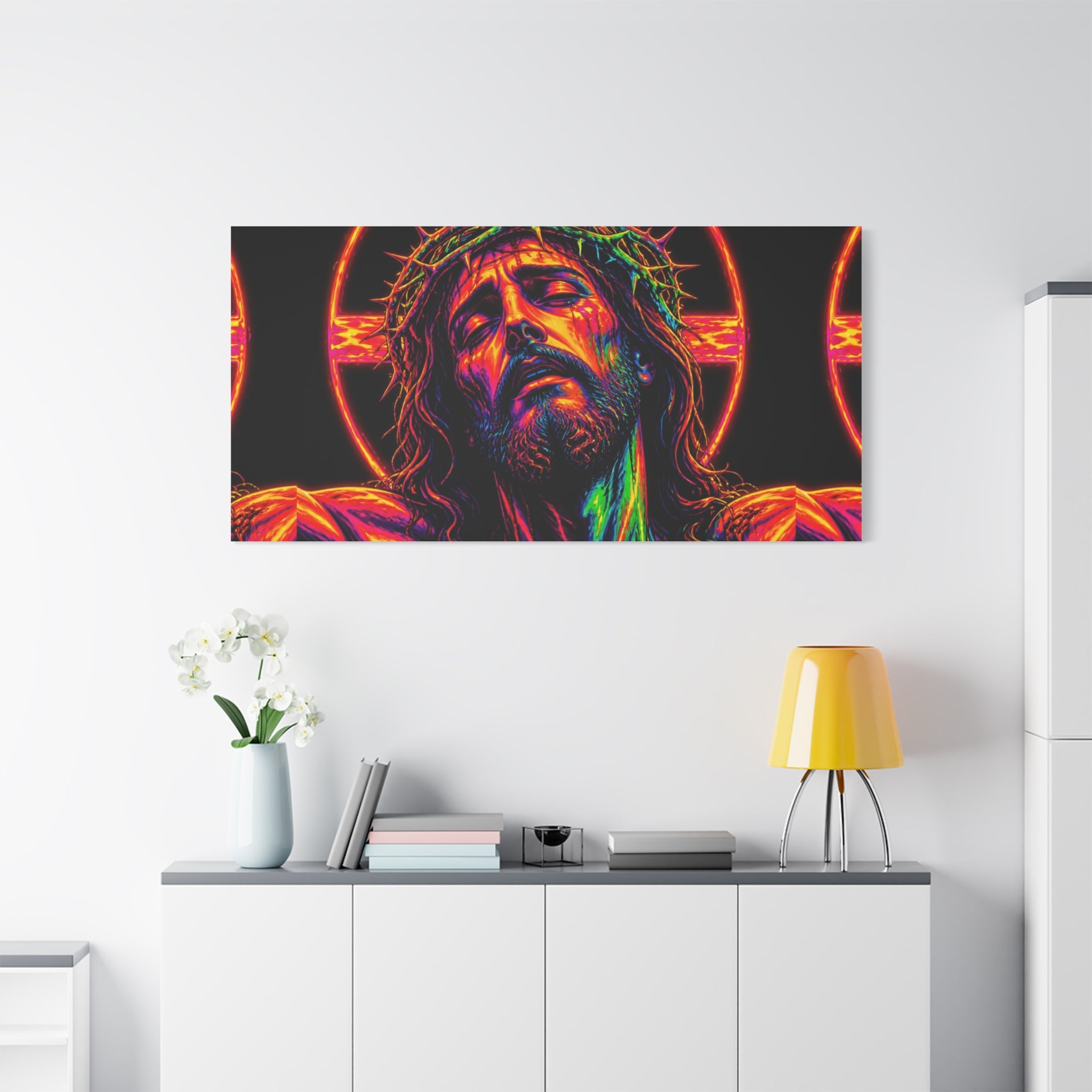 Neon Christ Crucifix Canvas Print — Vibrant Religious Wall Art