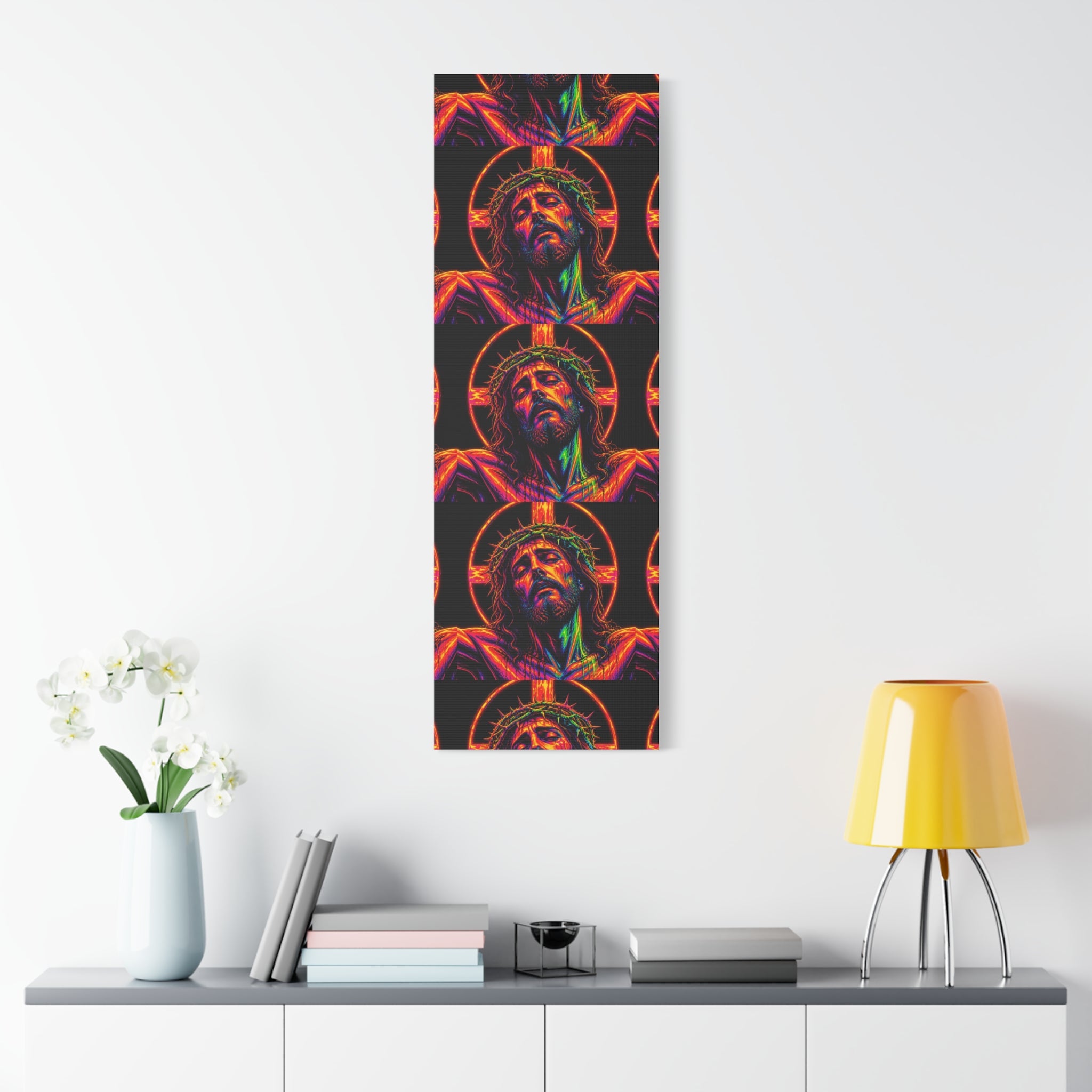 Neon Christ Crucifix Canvas Print — Vibrant Religious Wall Art