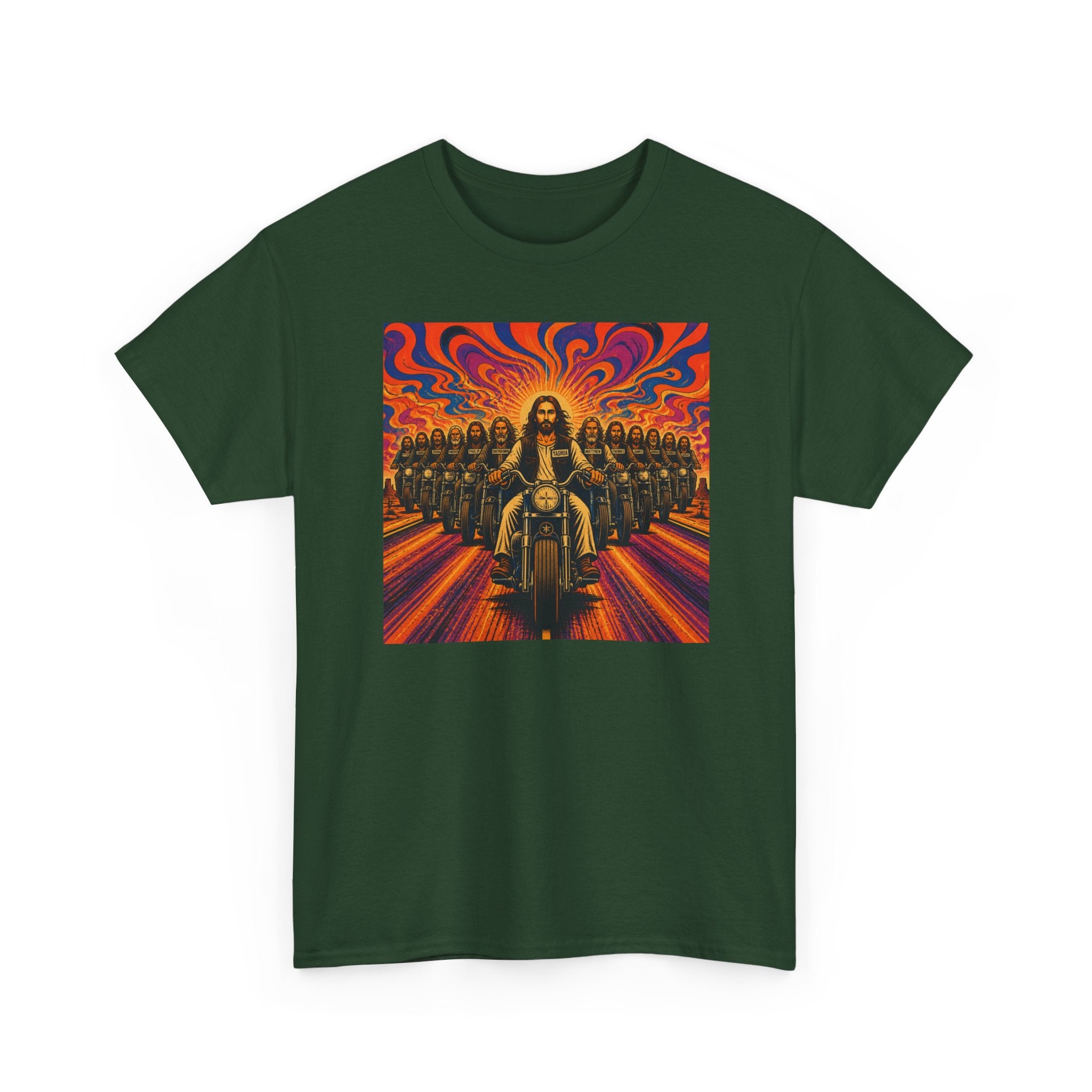 Psychedelic Yashua/Jesus Biker Crew T-Shirt — Retro Jesus Motorcycle Rider Graphic Tee