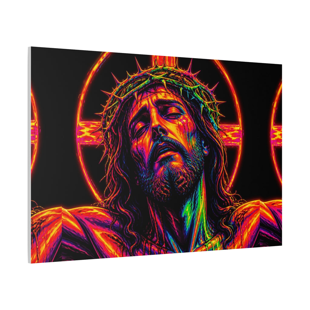 Neon Christ Crucifix Canvas Print — Vibrant Religious Wall Art