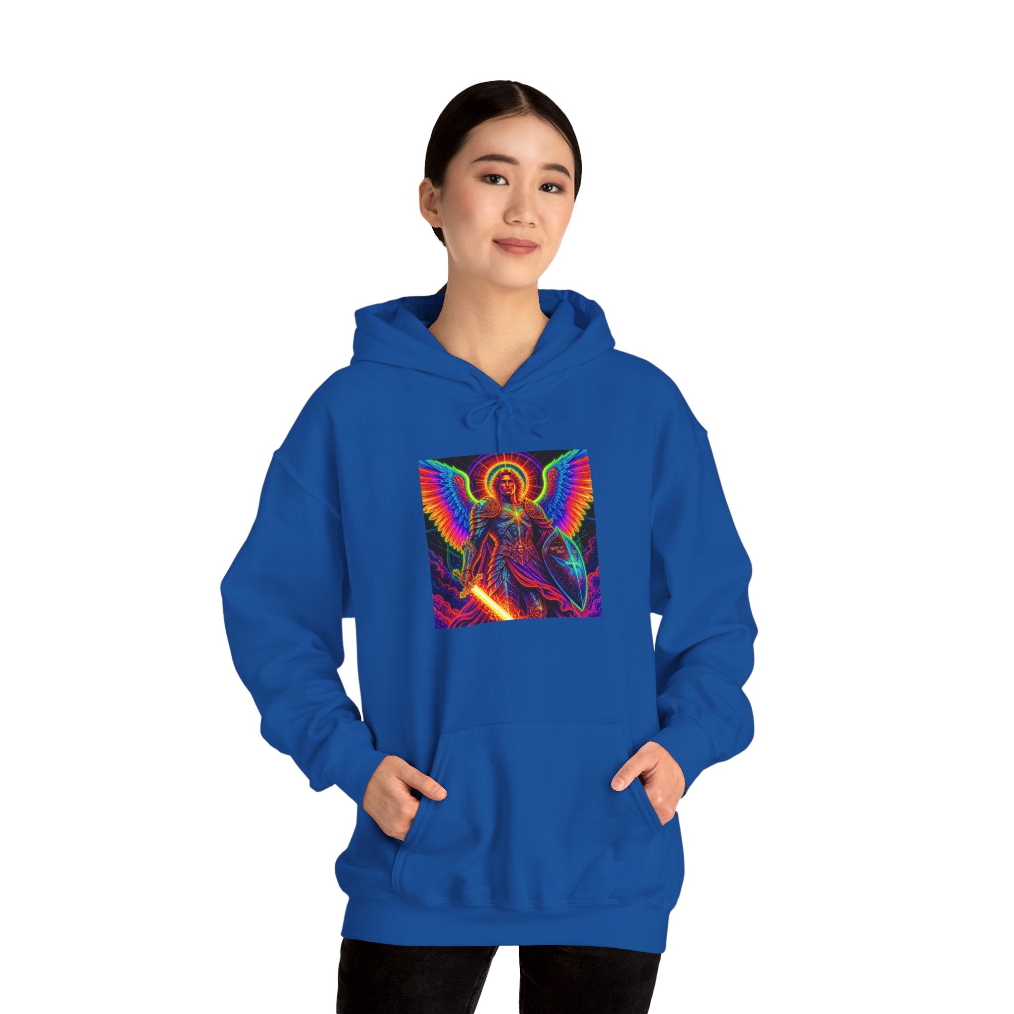 Psychedelic Angel Hoodie — Neon Rainbow Guardian Graphic Sweatshirt