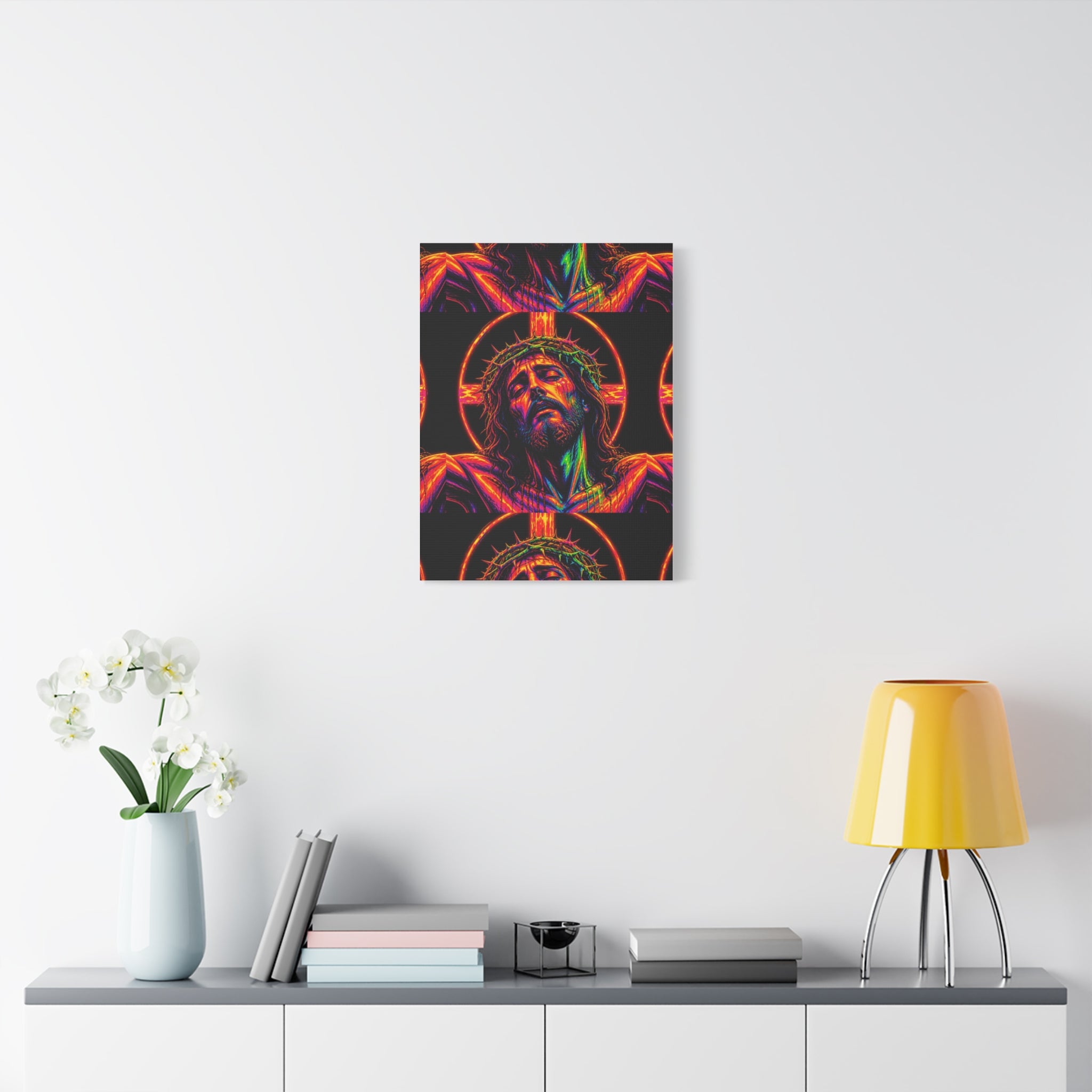 Neon Christ Crucifix Canvas Print — Vibrant Religious Wall Art