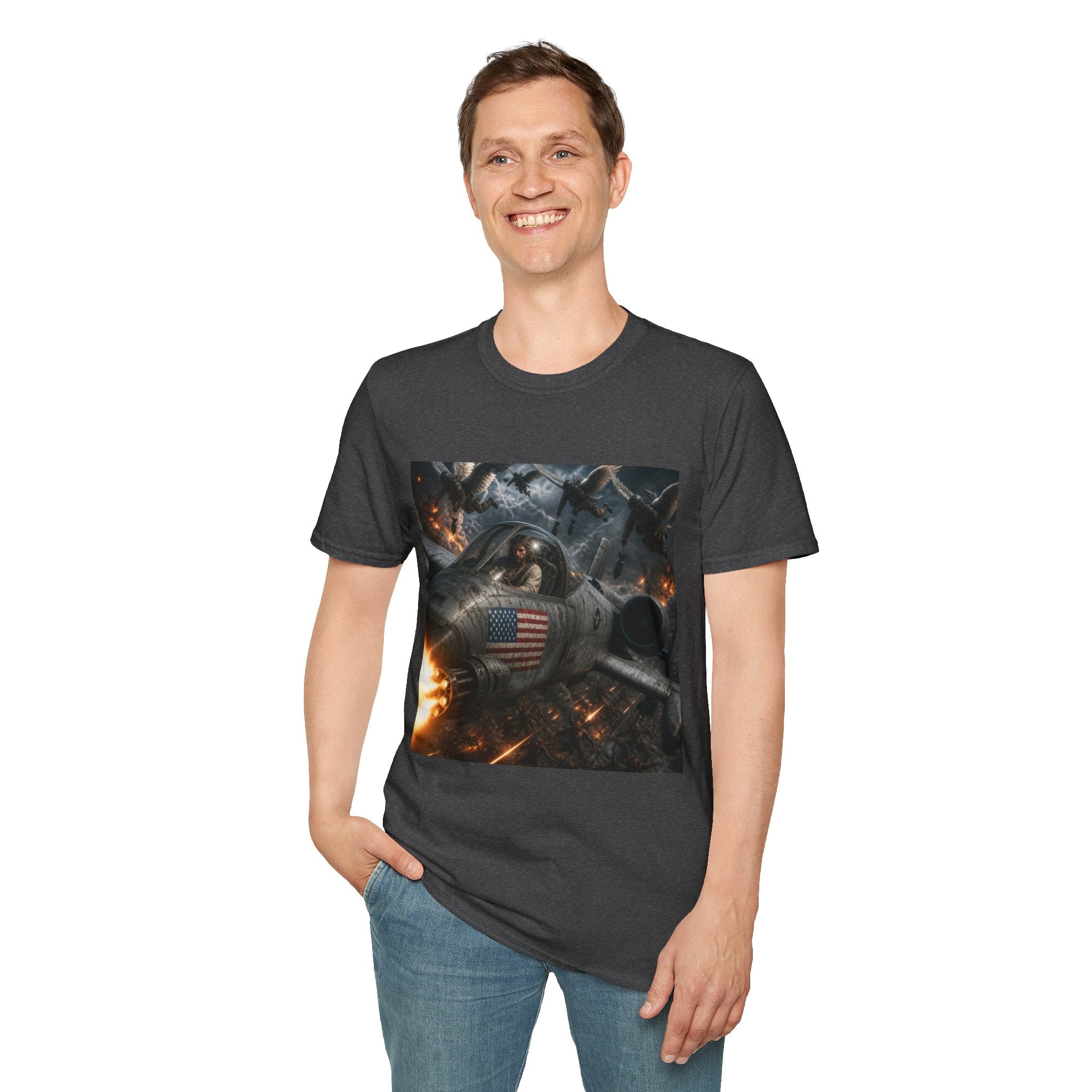 Jesus Military Pilot T‑Shirt — Vintage Jetfighter Scene with American Flag