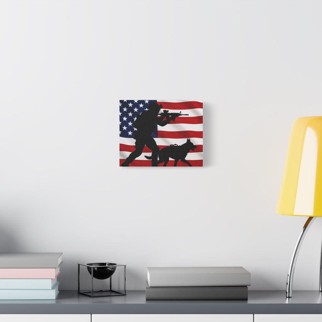 Patriotic Military K9 Canvas Wall Art — Soldier and Dog Silhouette with American Flag