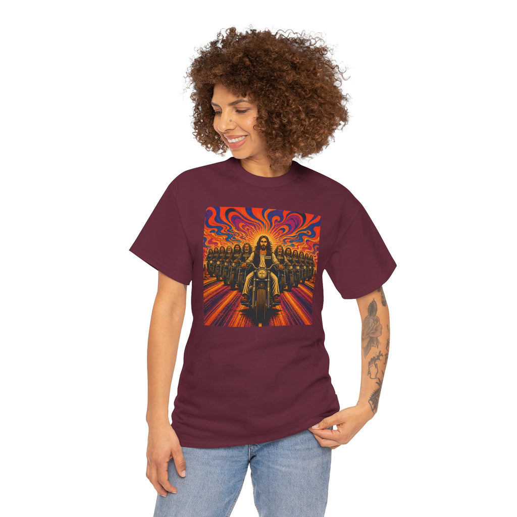 Psychedelic Yashua/Jesus Biker Crew T-Shirt — Retro Jesus Motorcycle Rider Graphic Tee