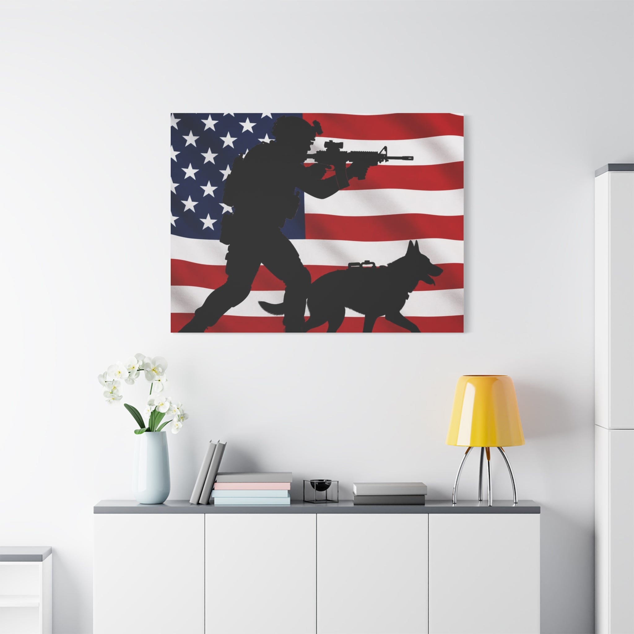 Patriotic Military K9 Canvas Wall Art — Soldier and Dog Silhouette with American Flag