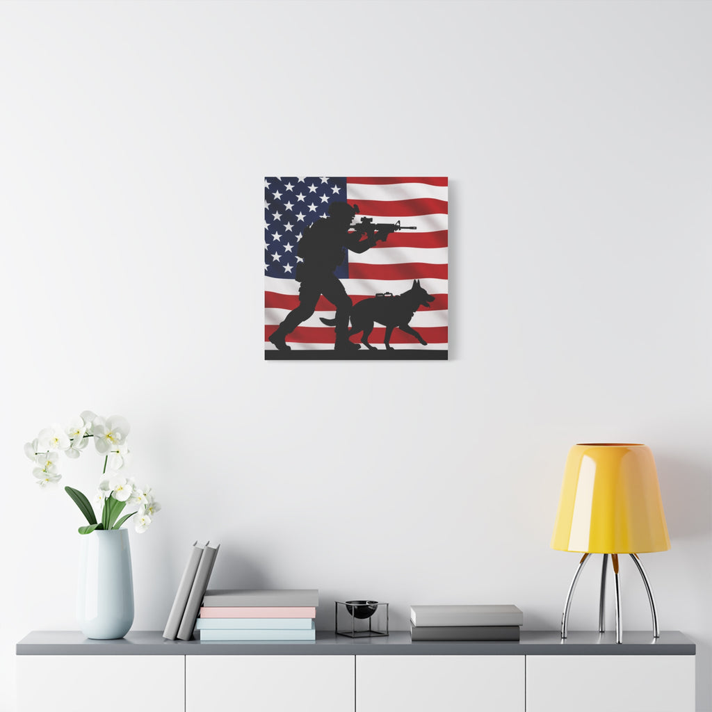 Patriotic Military K9 Canvas Wall Art — Soldier and Dog Silhouette with American Flag