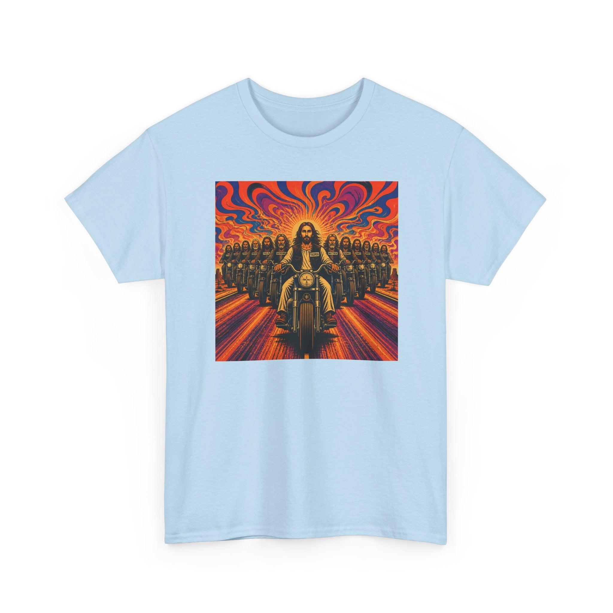 Psychedelic Yashua/Jesus Biker Crew T-Shirt — Retro Jesus Motorcycle Rider Graphic Tee