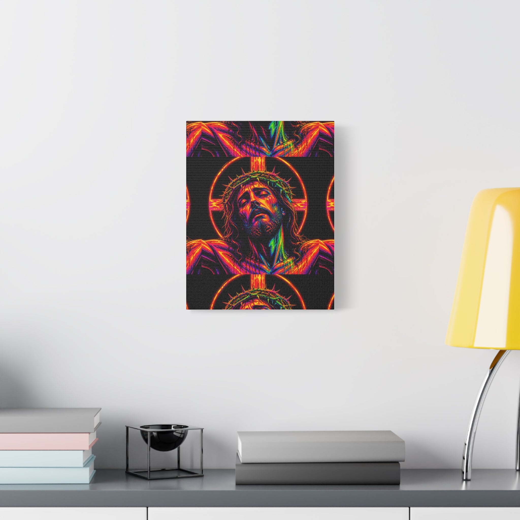 Neon Christ Crucifix Canvas Print — Vibrant Religious Wall Art