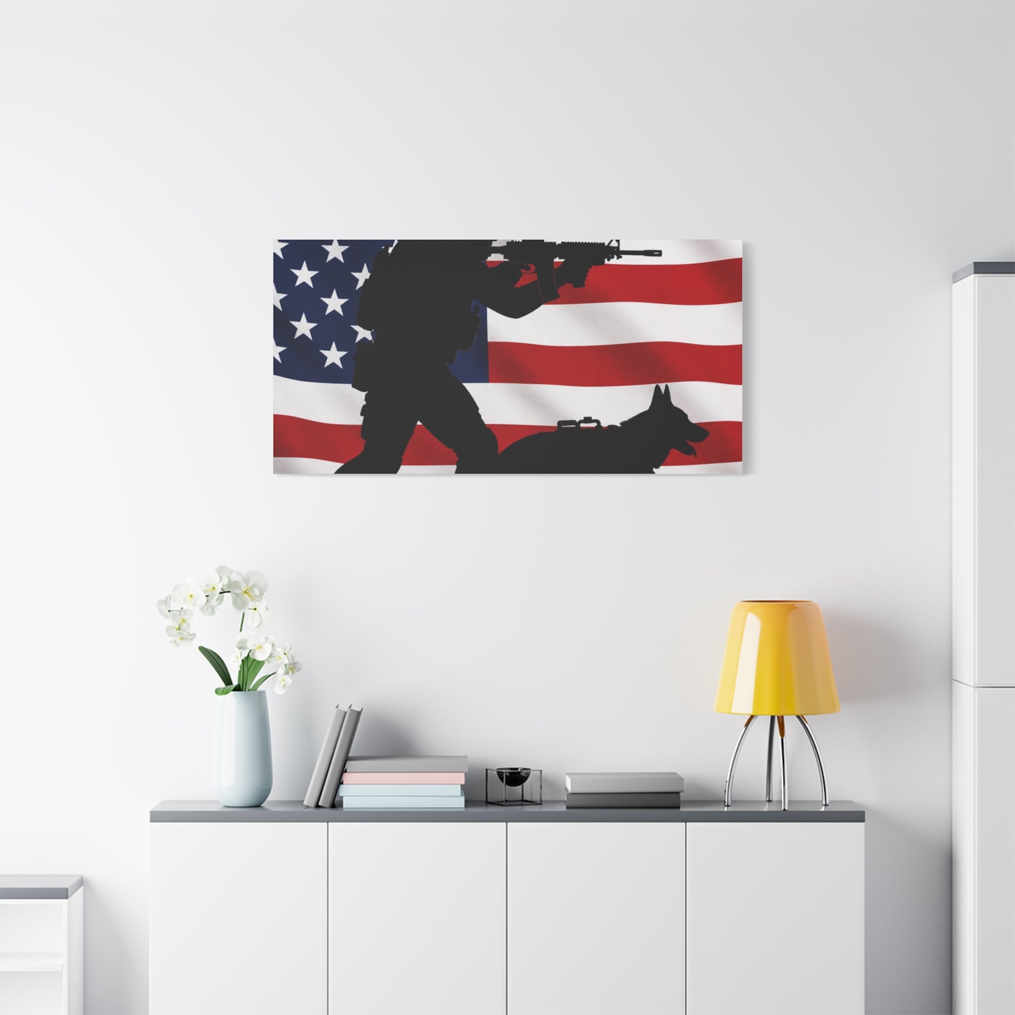 Patriotic Military K9 Canvas Wall Art — Soldier and Dog Silhouette with American Flag