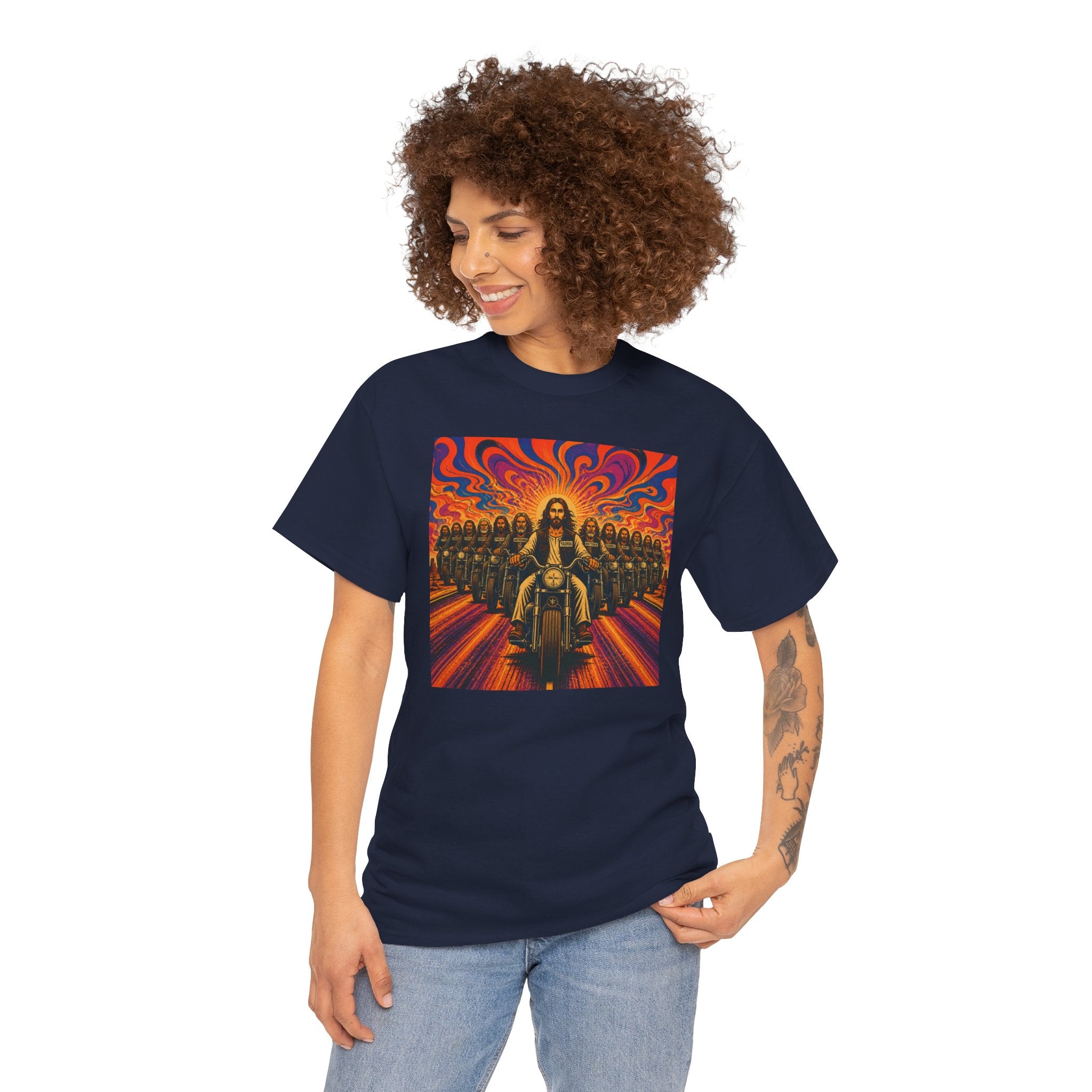 Psychedelic Yashua/Jesus Biker Crew T-Shirt — Retro Jesus Motorcycle Rider Graphic Tee