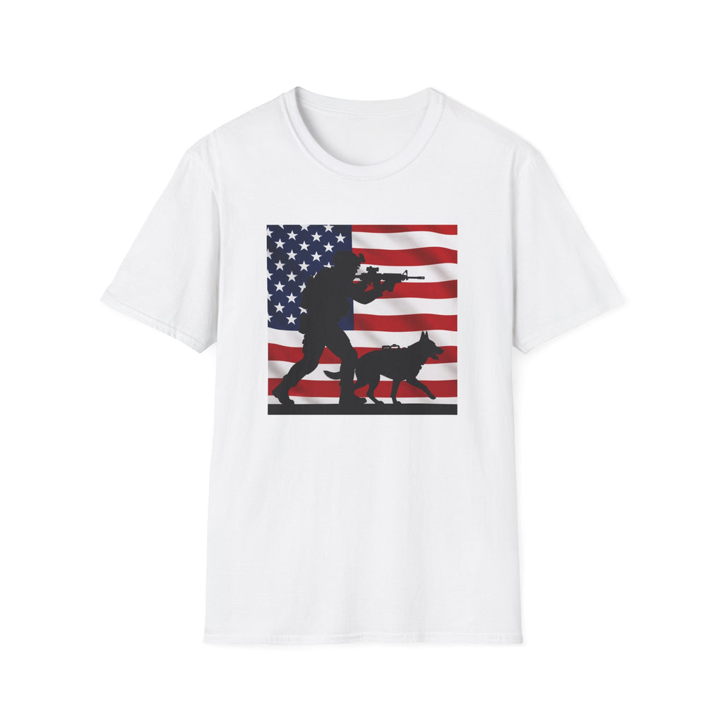 Patriotic K9 Handler T-Shirt — American Flag Soldier with Dog Graphic