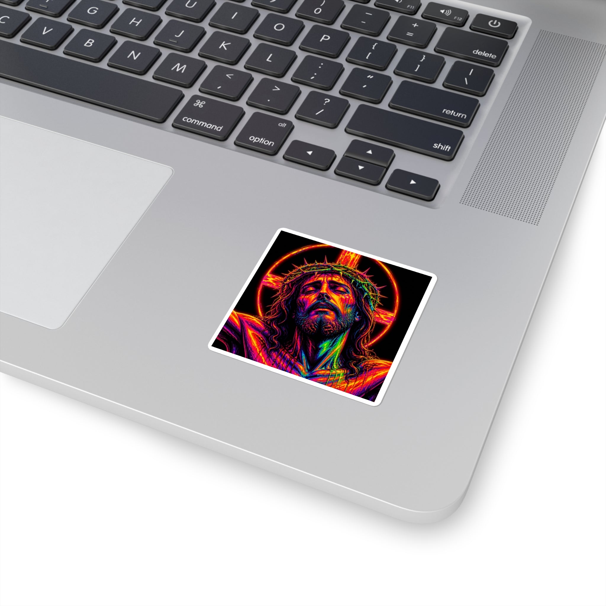 Neon Jesus Square Sticker — Vibrant Crucifixion Art Sticker