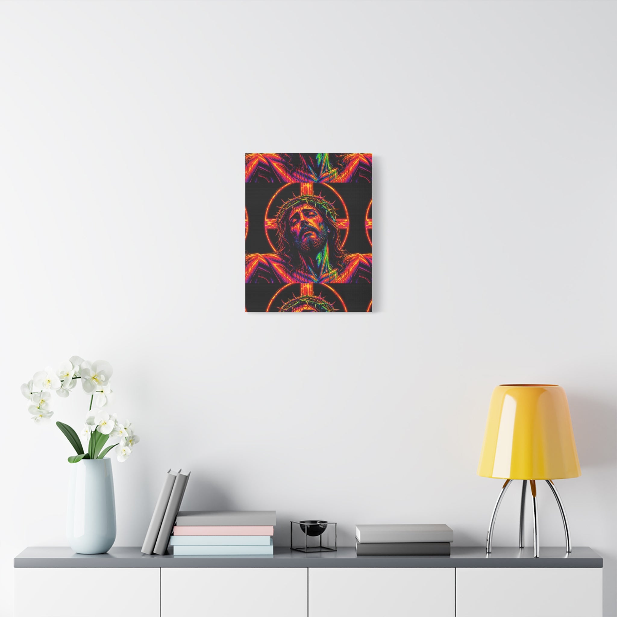 Neon Christ Crucifix Canvas Print — Vibrant Religious Wall Art