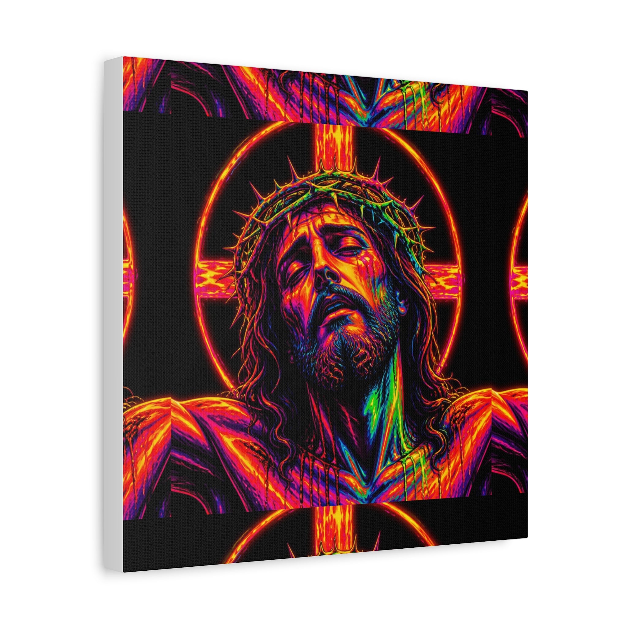 Neon Christ Crucifix Canvas Print — Vibrant Religious Wall Art