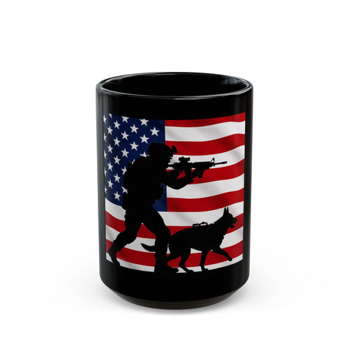 American Military K9 Mug — Soldier & Service Dog Silhouette with US Flag (11oz/15oz)