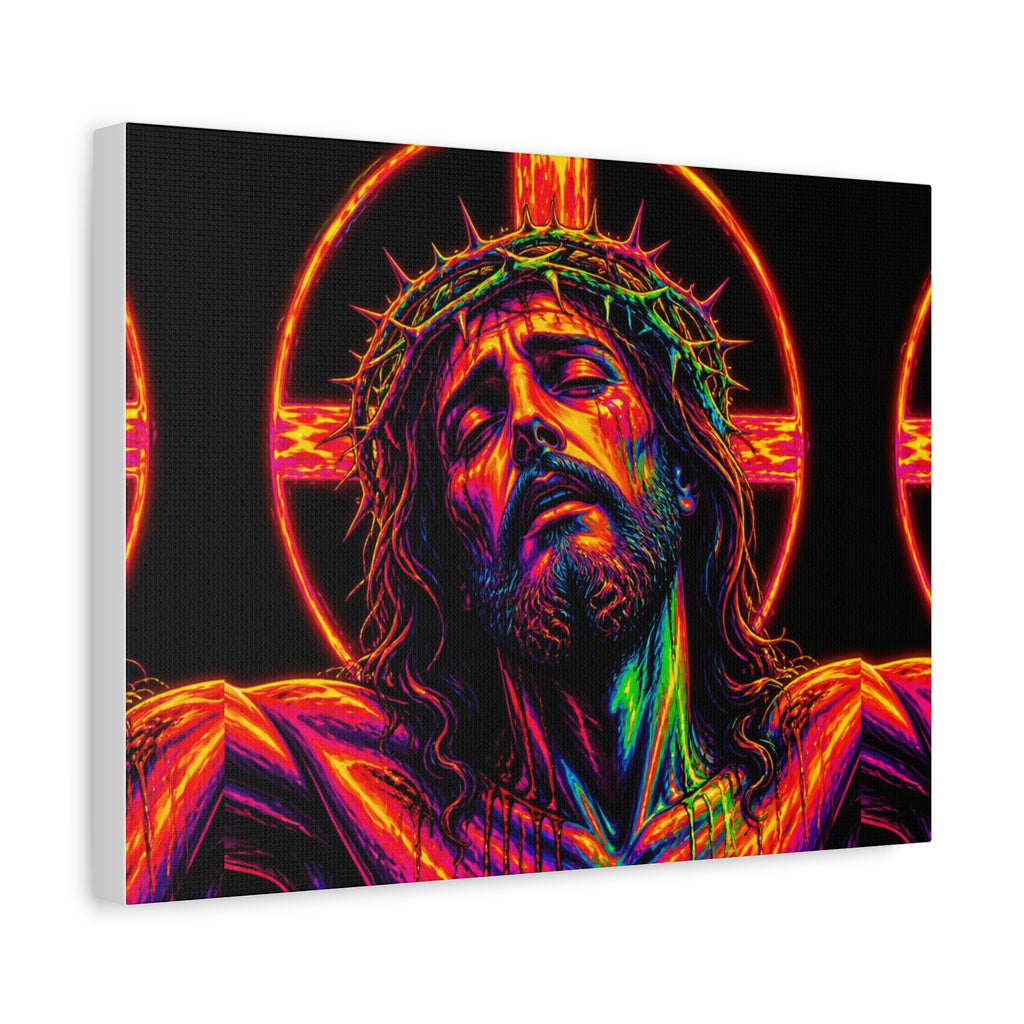 Neon Christ Crucifix Canvas Print — Vibrant Religious Wall Art