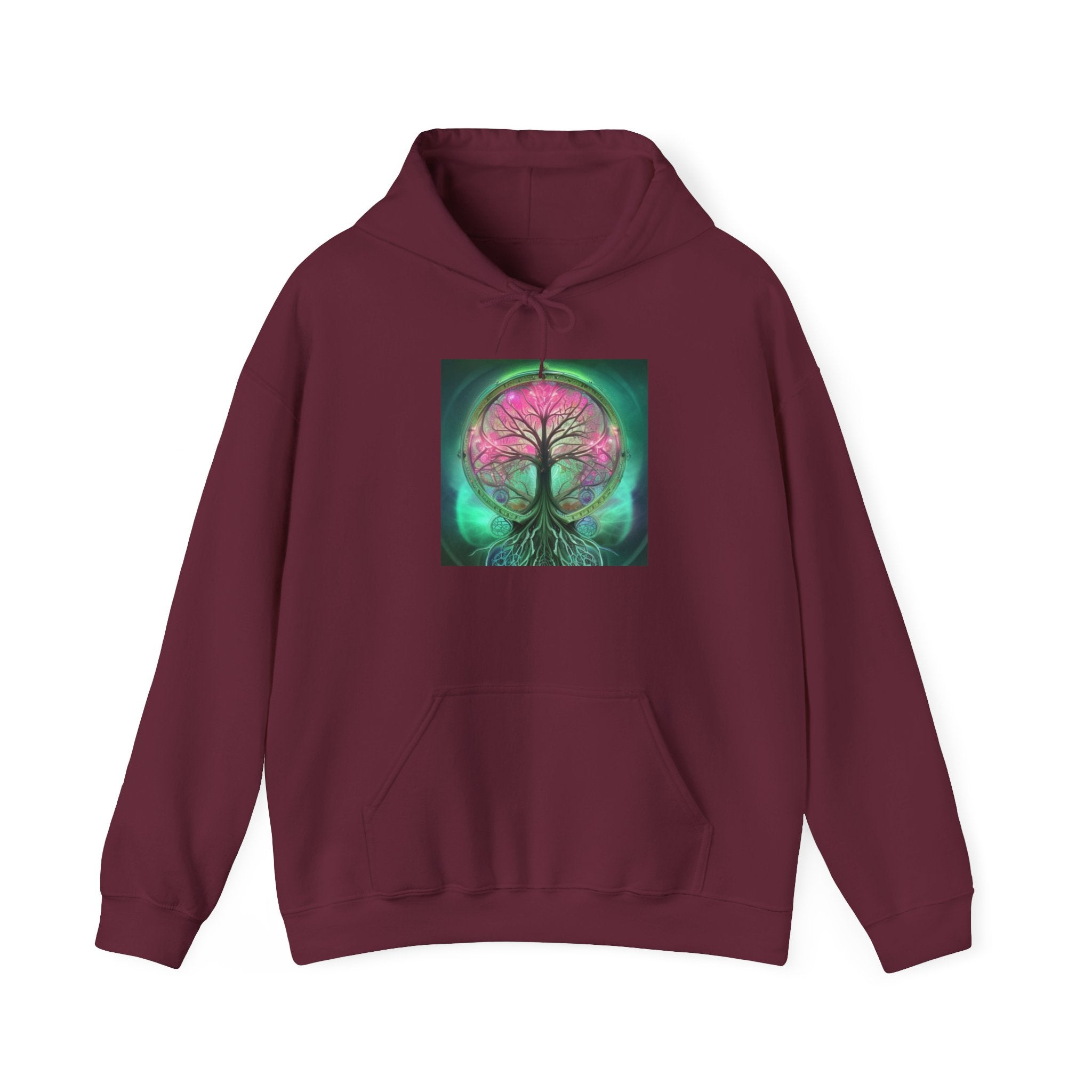 Tree of Life Hoodie — Vibrant Pink & Teal Spiritual Graphic Hooded Sweatshirt