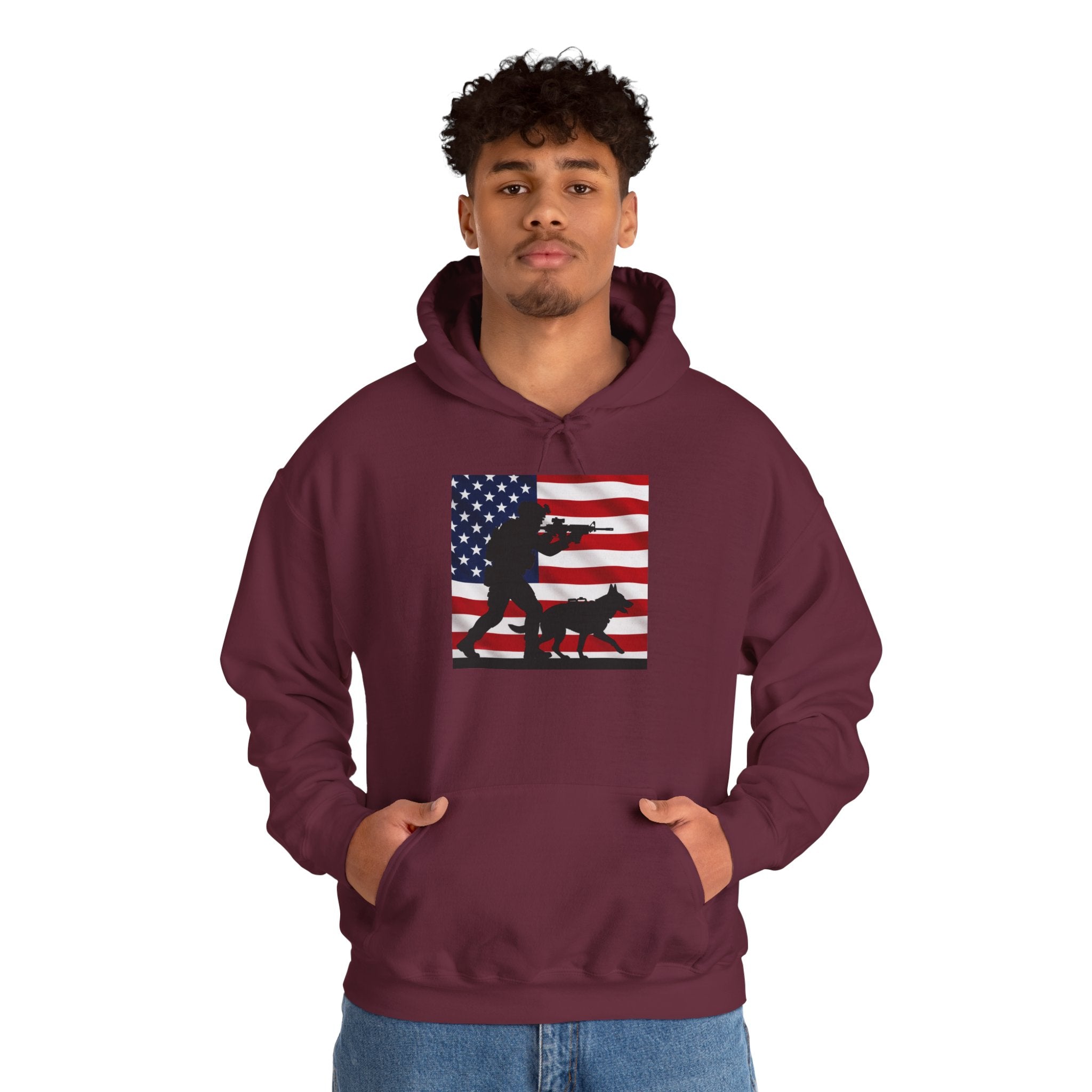 American K9 Handler Hoodie — US Flag Dog Silhouette Patriotic Sweatshirt