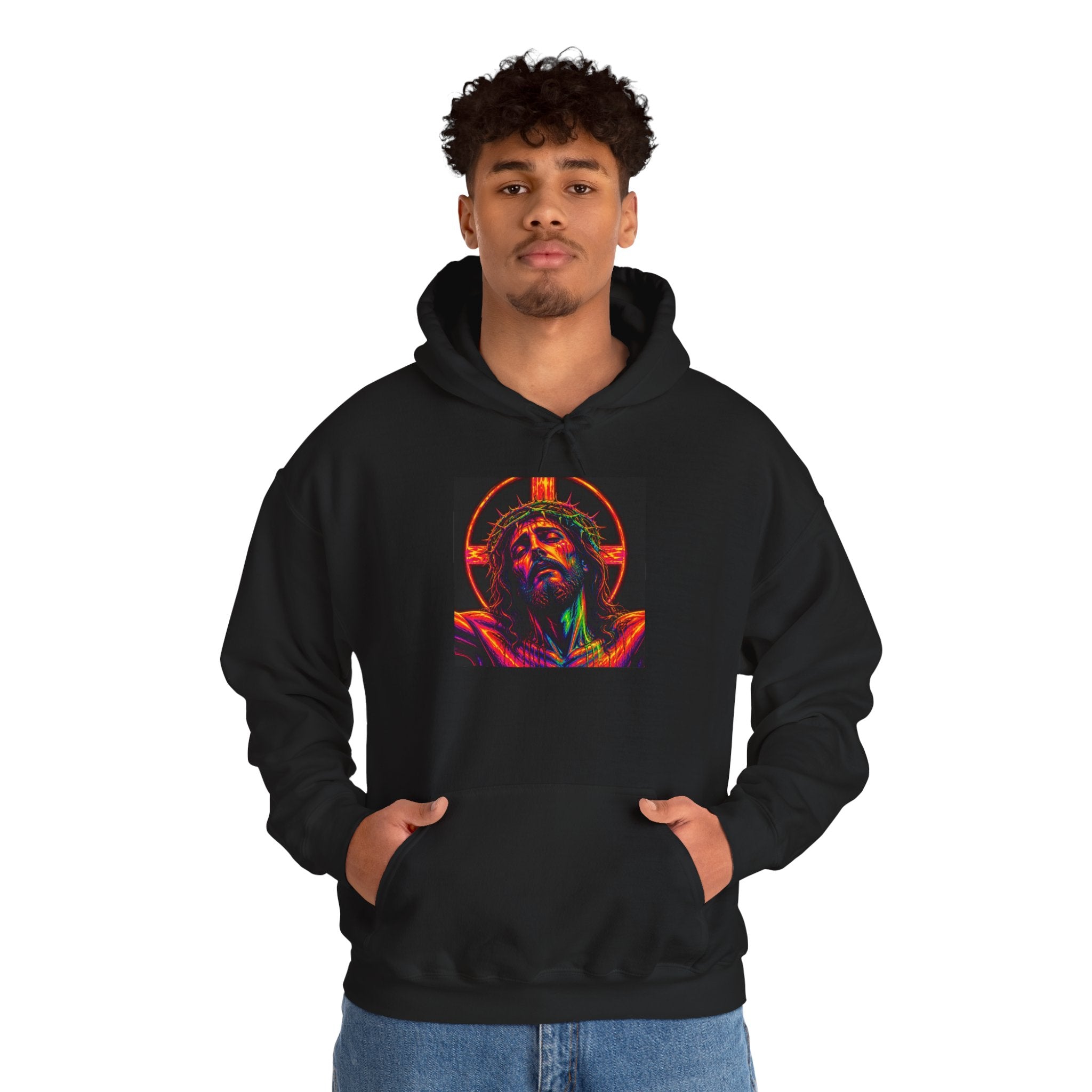 Jesus Portrait Hoodie — Neon Sacred Heart Graphic Hooded Sweatshirt