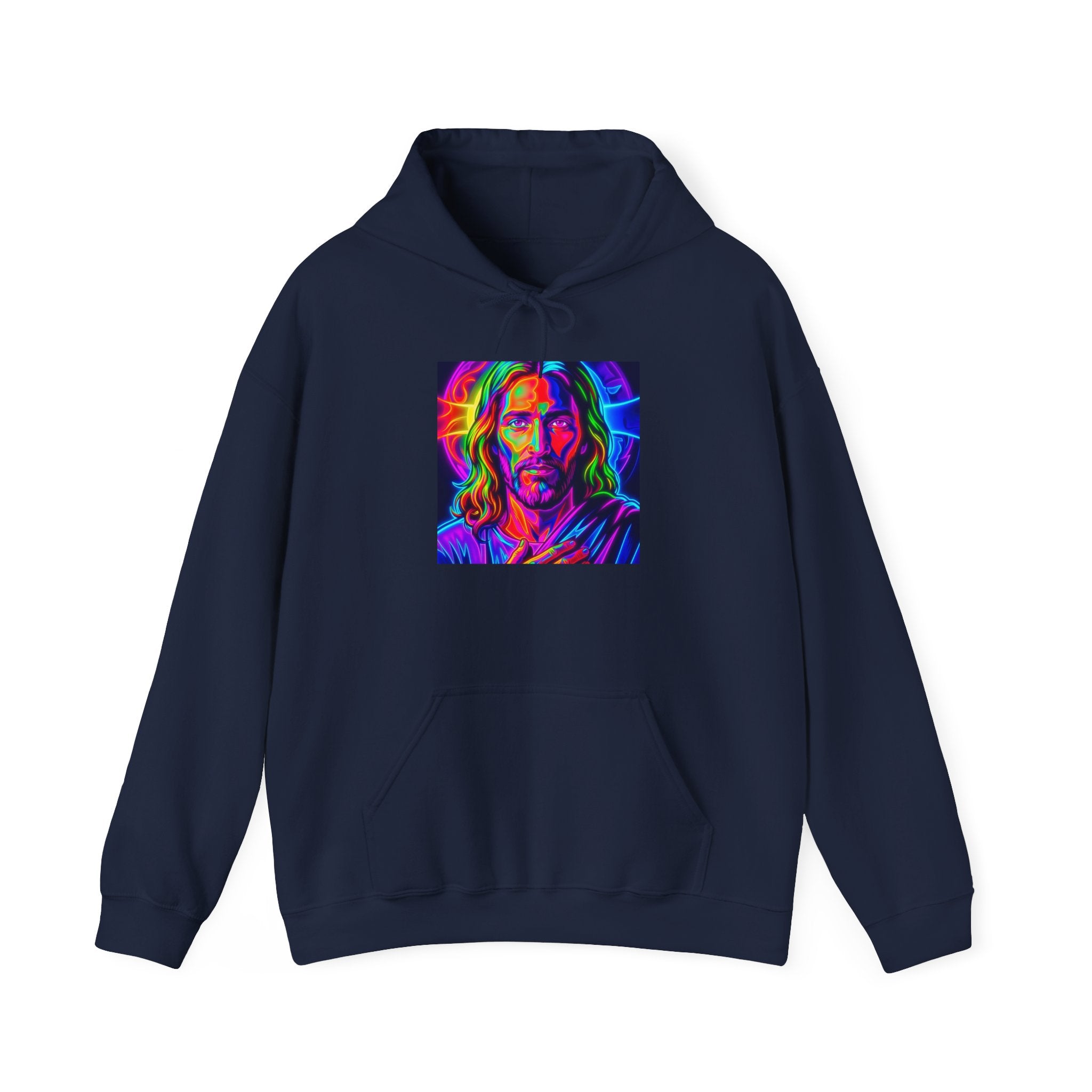 Psychedelic Jesus Portrait Hoodie — Vibrant Rainbow Christian Graphic Sweatshirt