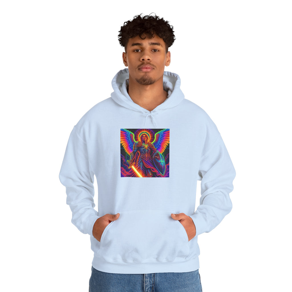 Psychedelic Angel Hoodie — Neon Rainbow Guardian Graphic Sweatshirt