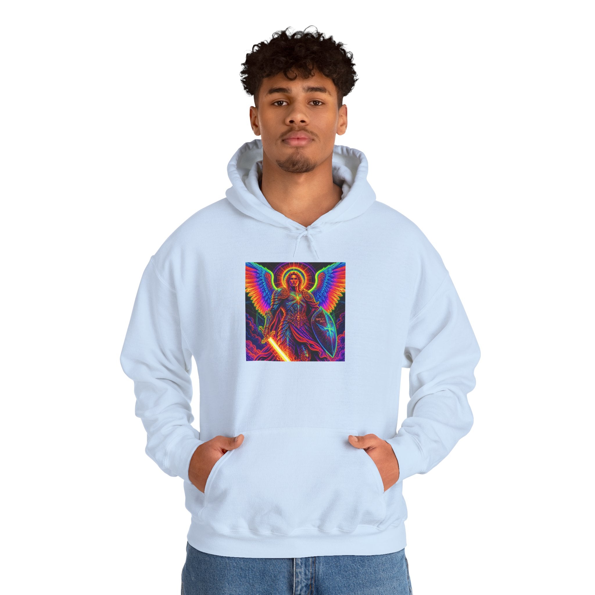 Psychedelic Angel Hoodie — Neon Rainbow Guardian Graphic Sweatshirt