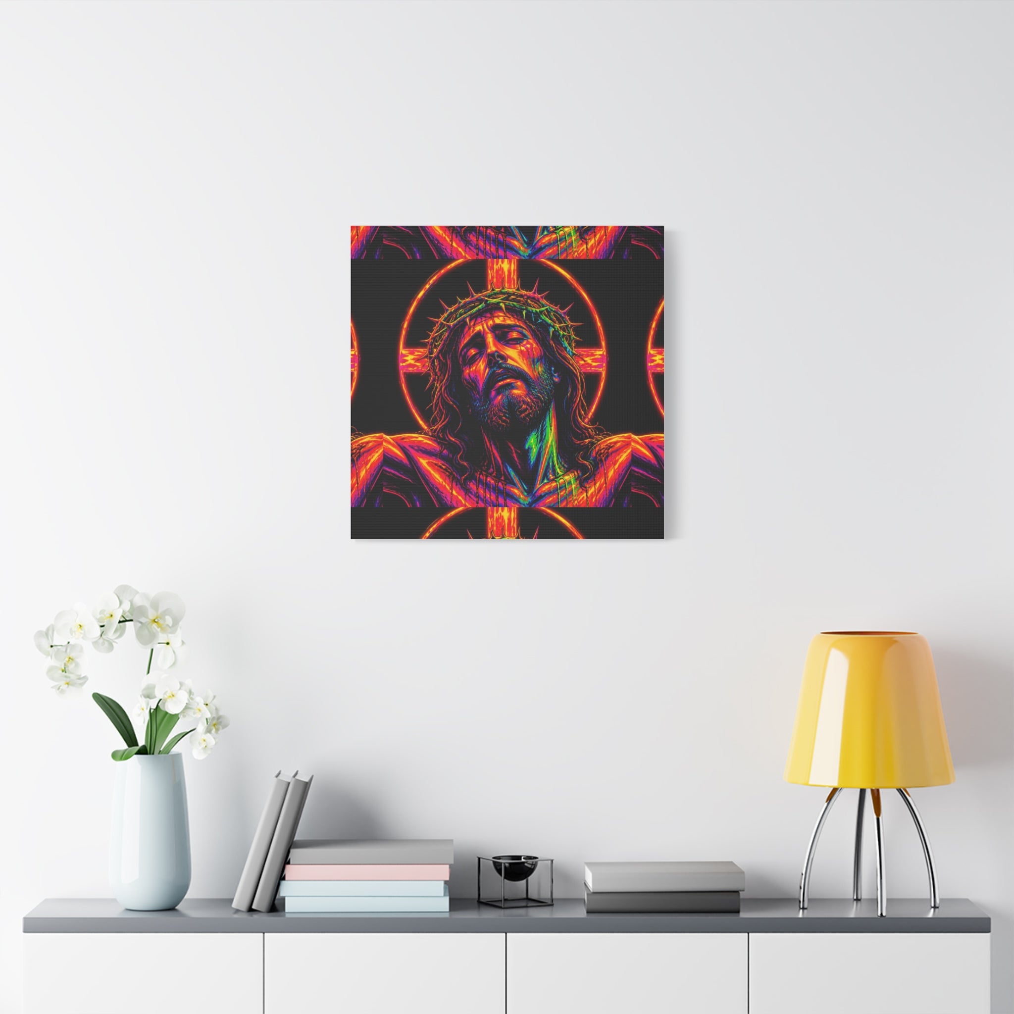 Neon Christ Crucifix Canvas Print — Vibrant Religious Wall Art