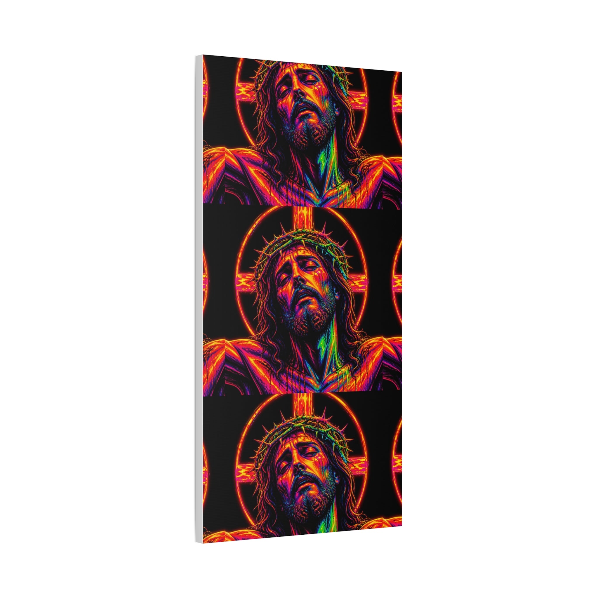 Neon Christ Crucifix Canvas Print — Vibrant Religious Wall Art