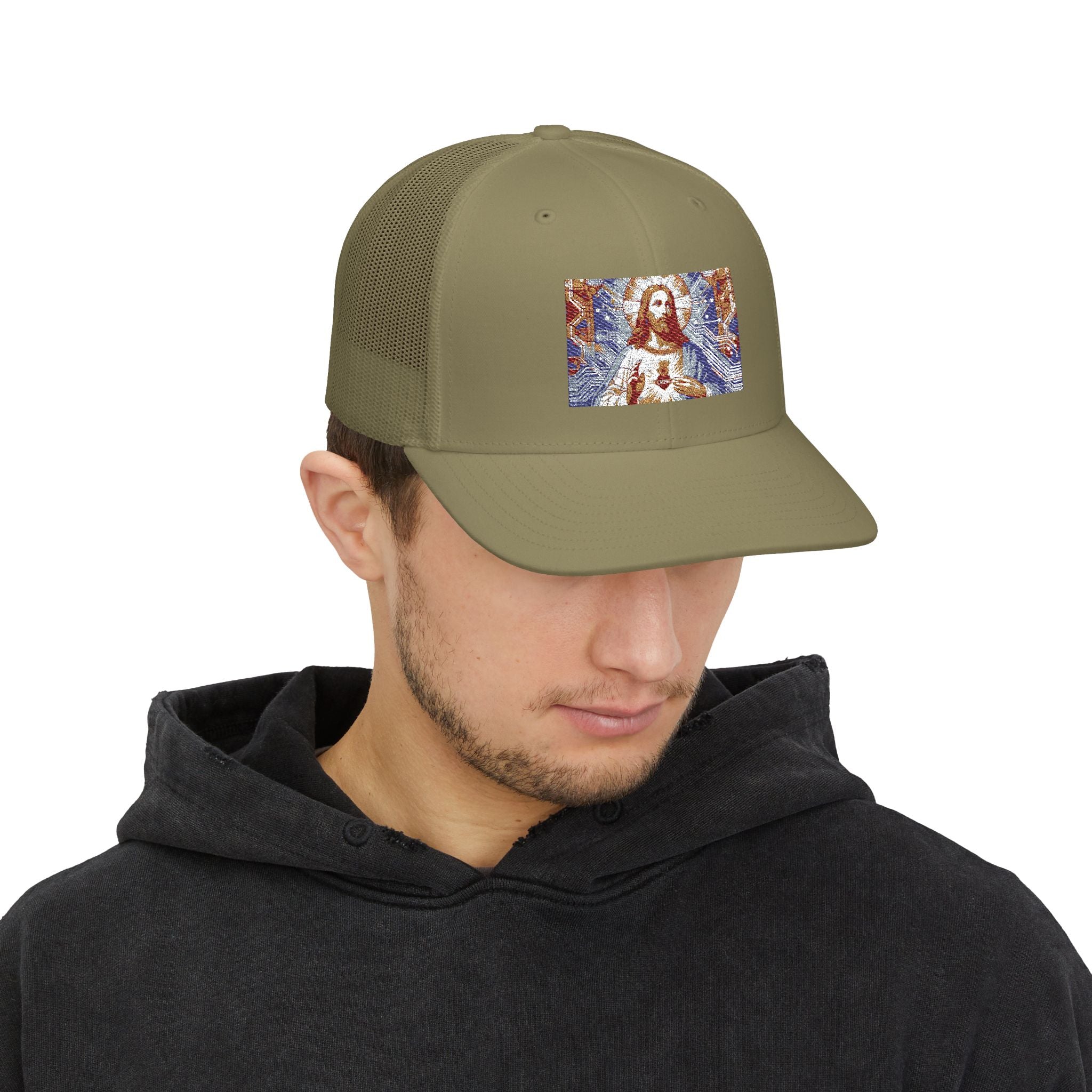 Religious Trucker Cap — Mosaic Sacred Heart Patch Snapback