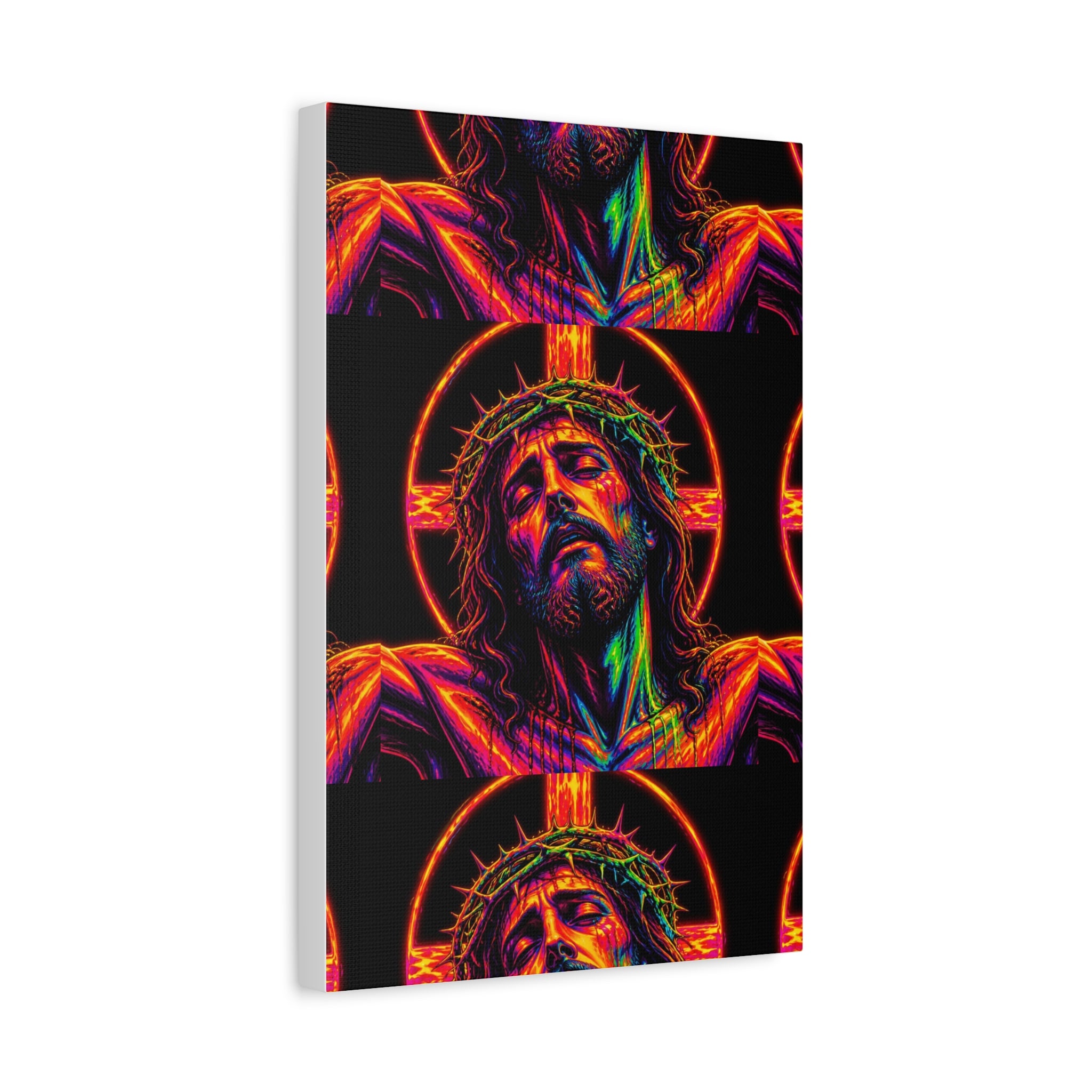 Neon Christ Crucifix Canvas Print — Vibrant Religious Wall Art