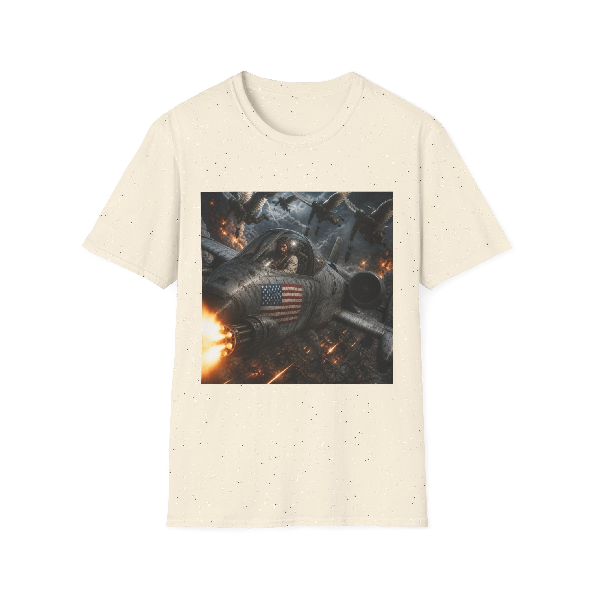 Jesus Military Pilot T‑Shirt — Vintage Jetfighter Scene with American Flag
