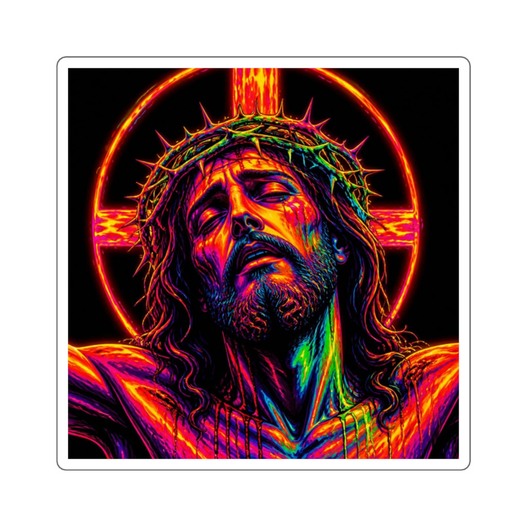 Neon Jesus Square Sticker — Vibrant Crucifixion Art Sticker