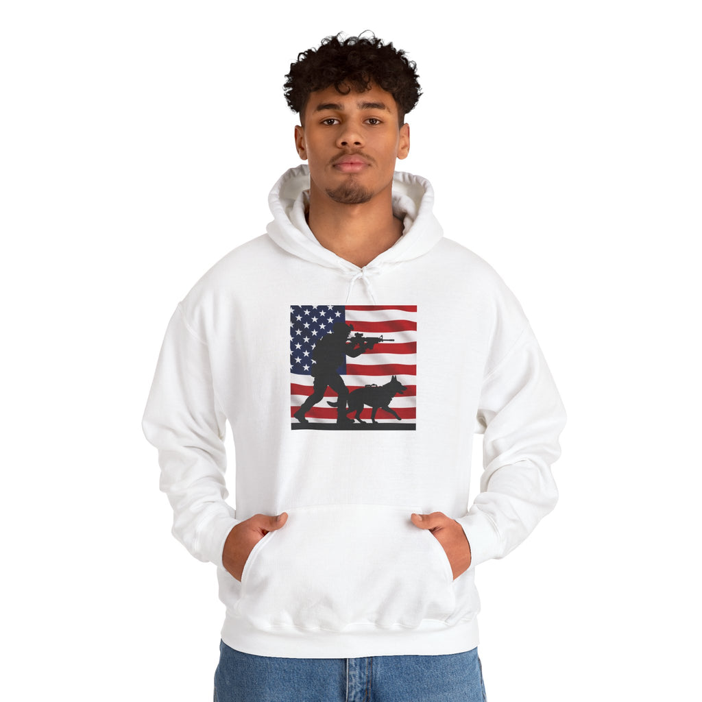 American K9 Handler Hoodie — US Flag Dog Silhouette Patriotic Sweatshirt