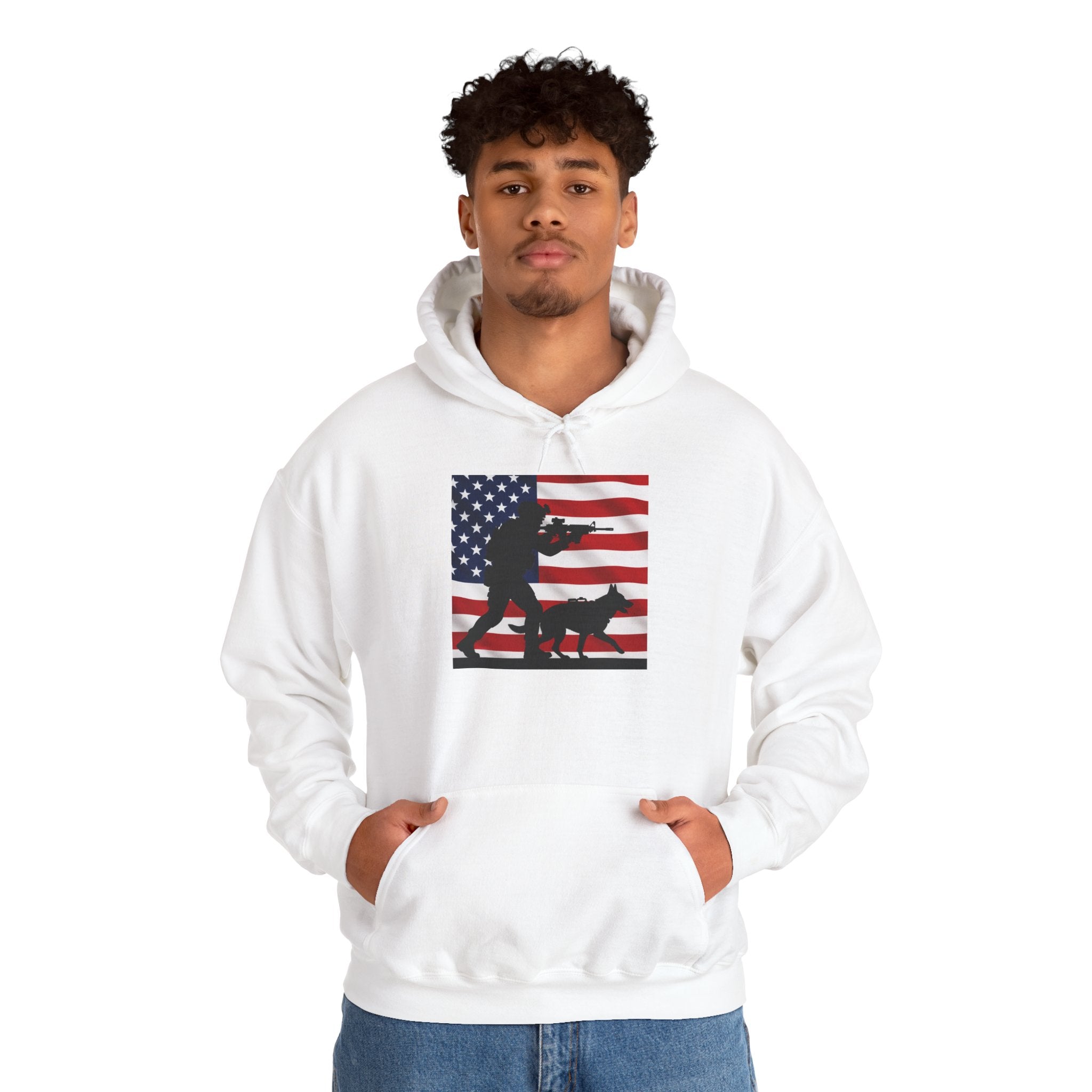 American K9 Handler Hoodie — US Flag Dog Silhouette Patriotic Sweatshirt