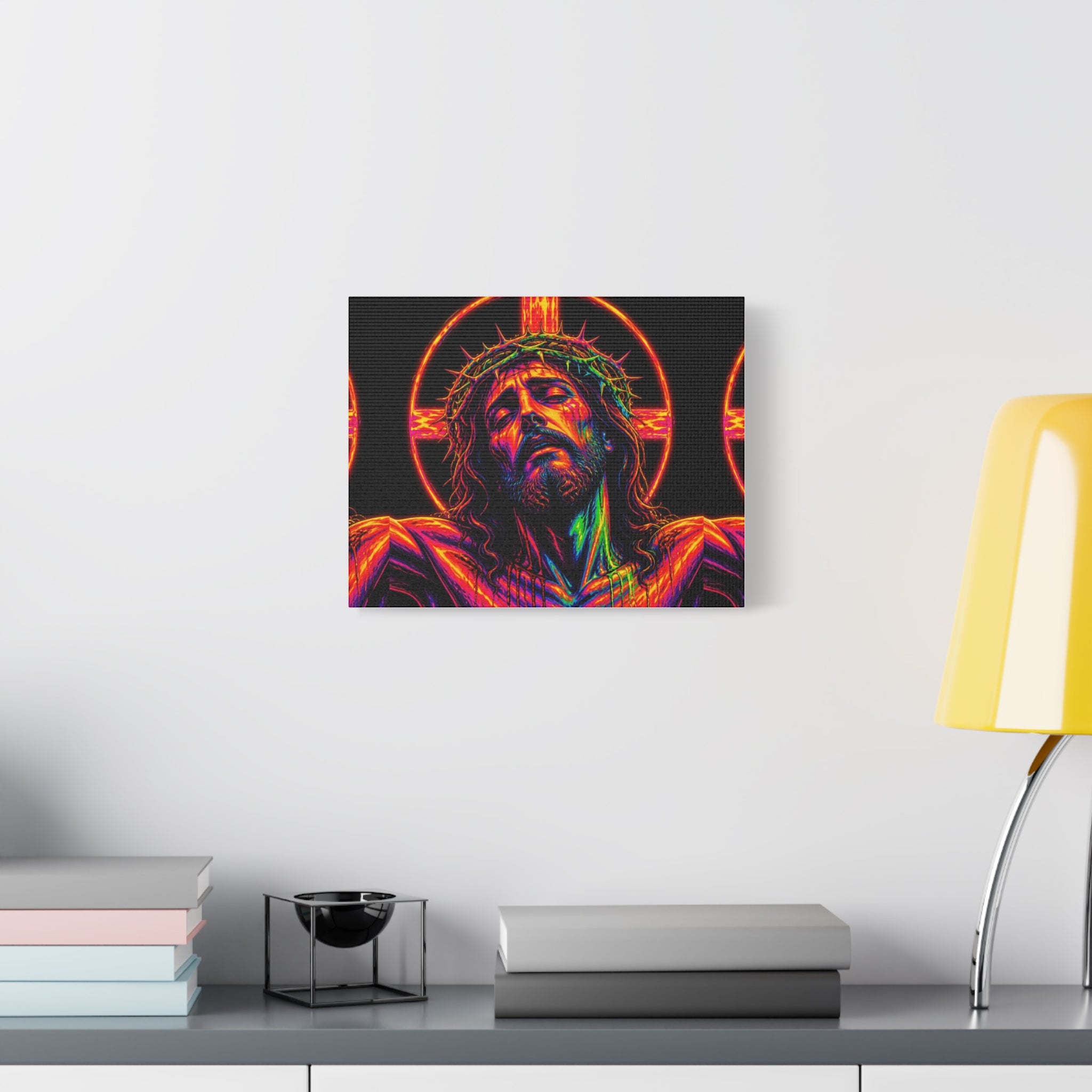 Neon Christ Crucifix Canvas Print — Vibrant Religious Wall Art