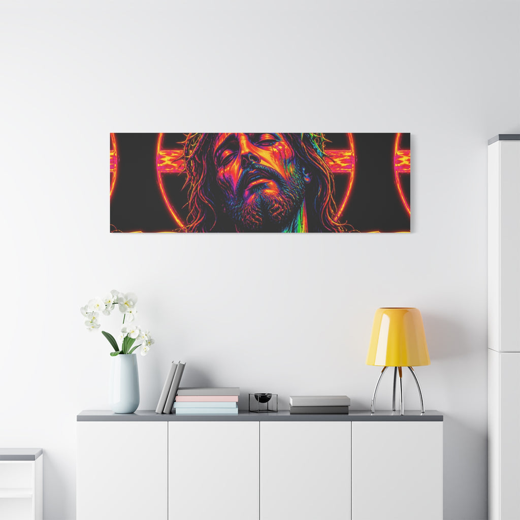 Neon Christ Crucifix Canvas Print — Vibrant Religious Wall Art