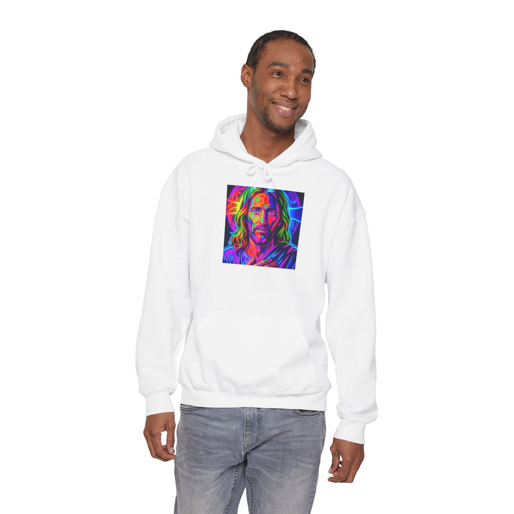 Psychedelic Jesus Portrait Hoodie — Vibrant Rainbow Christian Graphic Sweatshirt