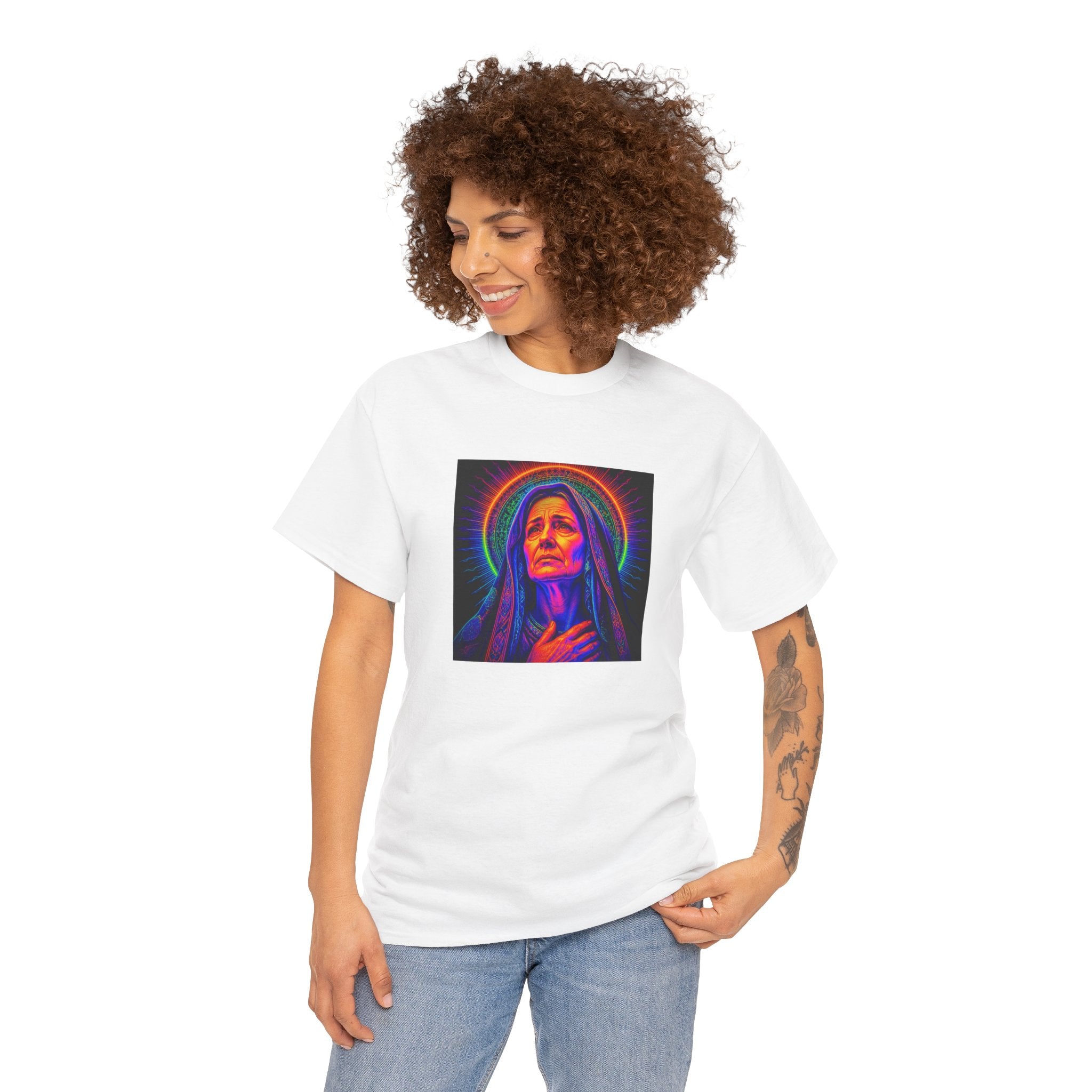 T-Shirt — Neon Madonna Portrait Graphic Tee Mother of Christ